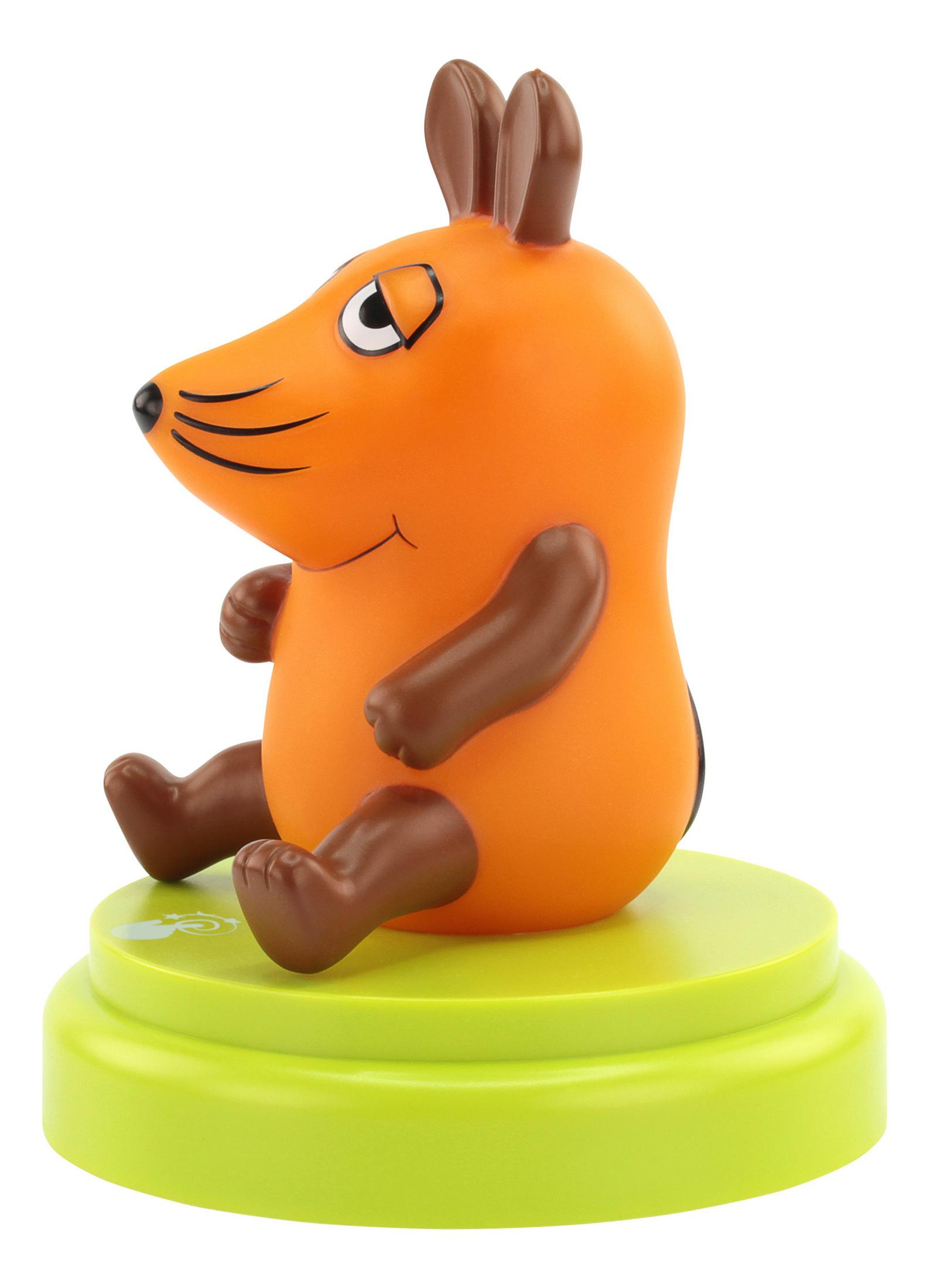 Eine orangefarbene Cartoon-Mausfigur auf grünem Sockel, die nach links schaut.