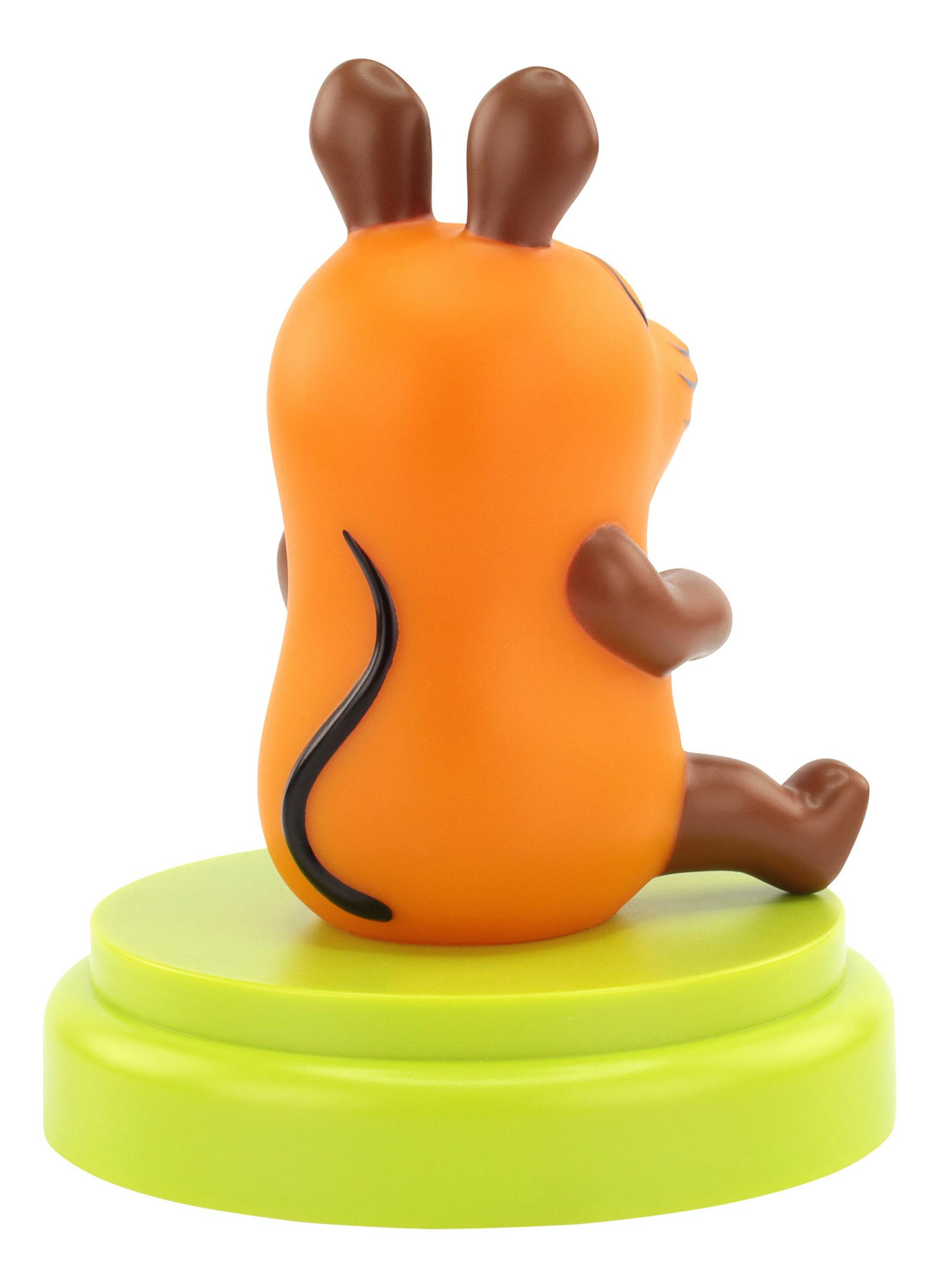 Eine orangefarbene Zeichentrick-Maus-Figur, die auf einem grünen, kreisförmigen Sockel sitzt.
