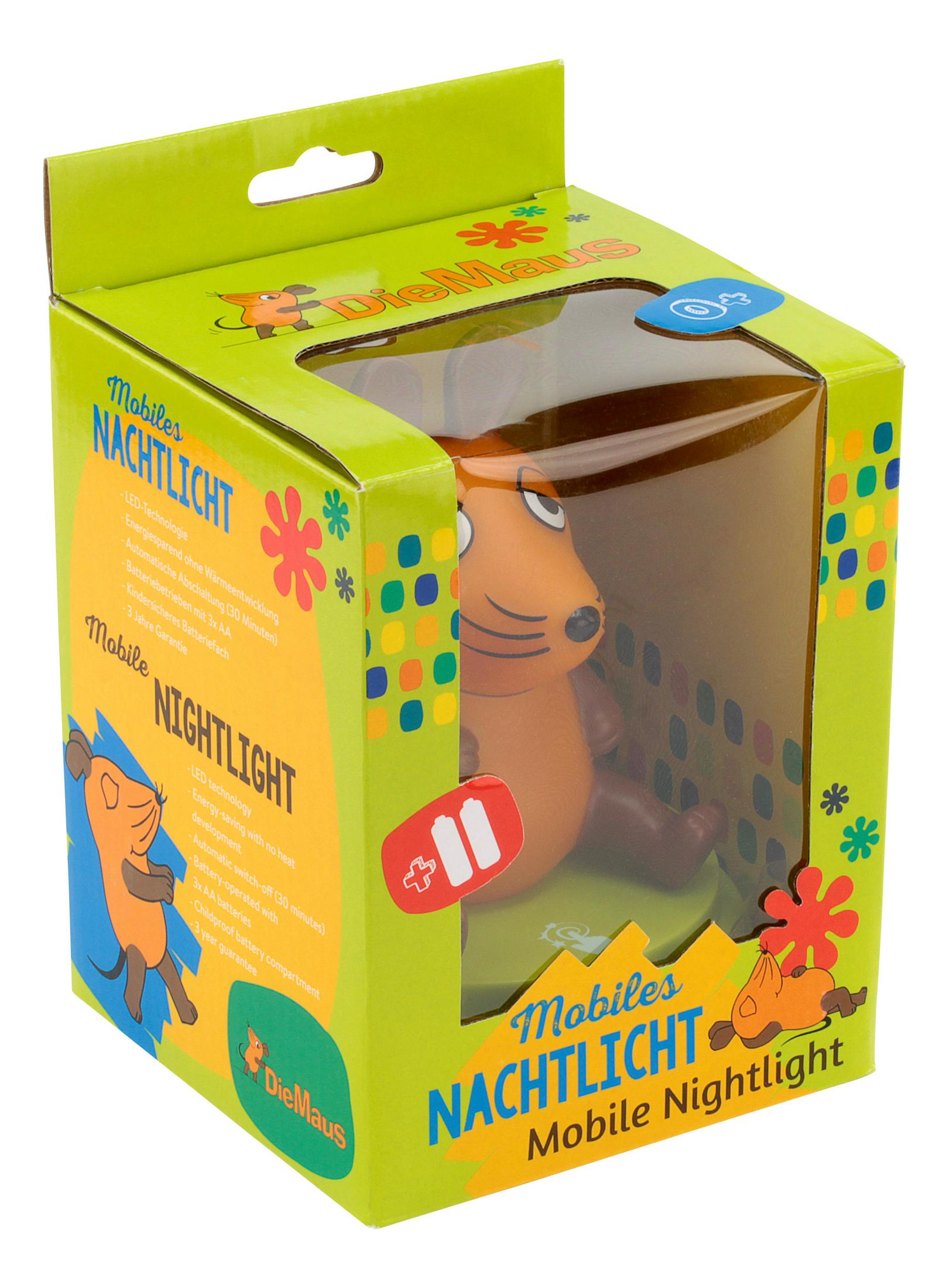 Eine grüne Schachtel mit einem Cartoon-Maus-Nachtlicht. Die Schachtel hat Text und Illustrationen.