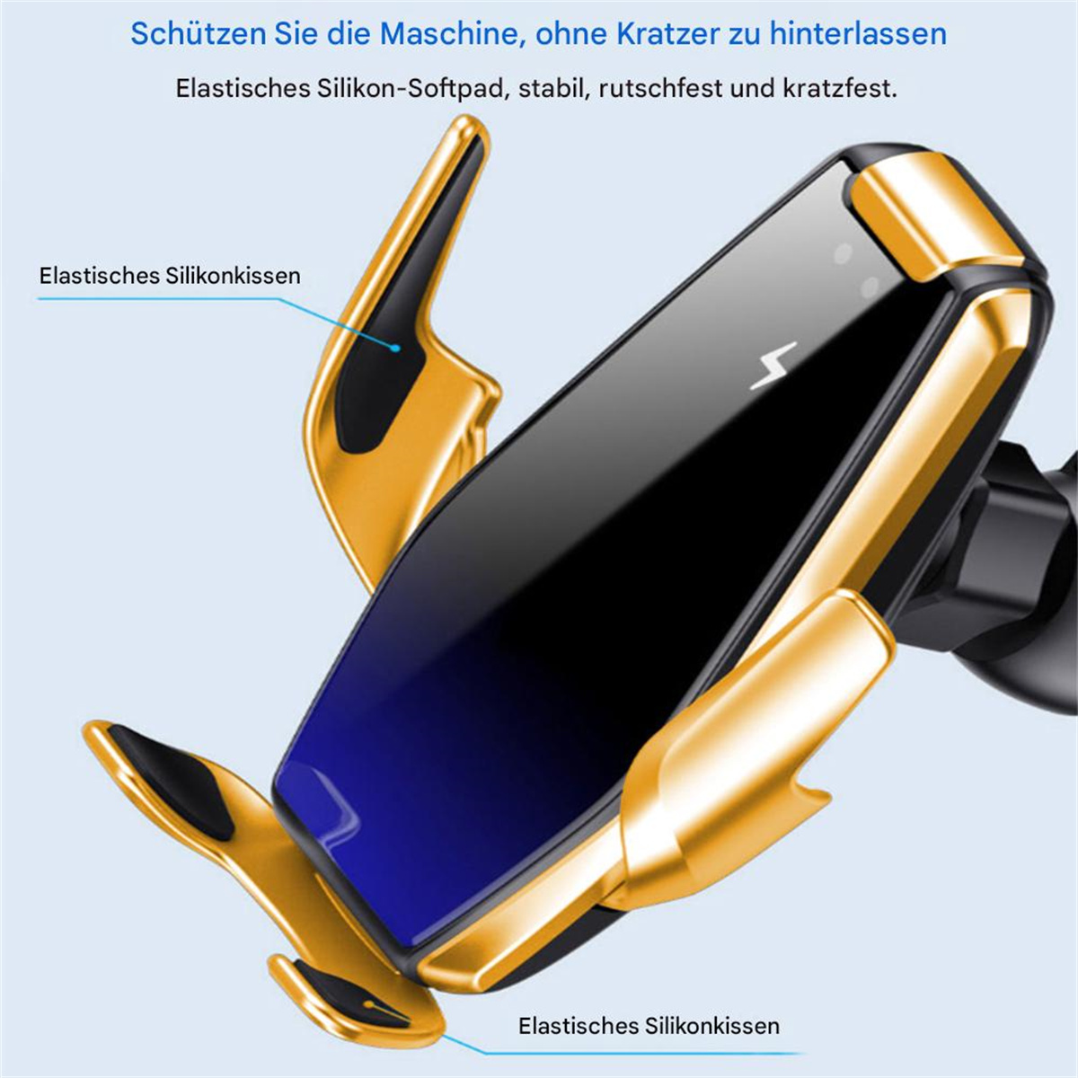 Ein gold-schwarzer Telefonhalter mit einem Telefon darin, beschriftet mit Elastisches Silikonkissen.