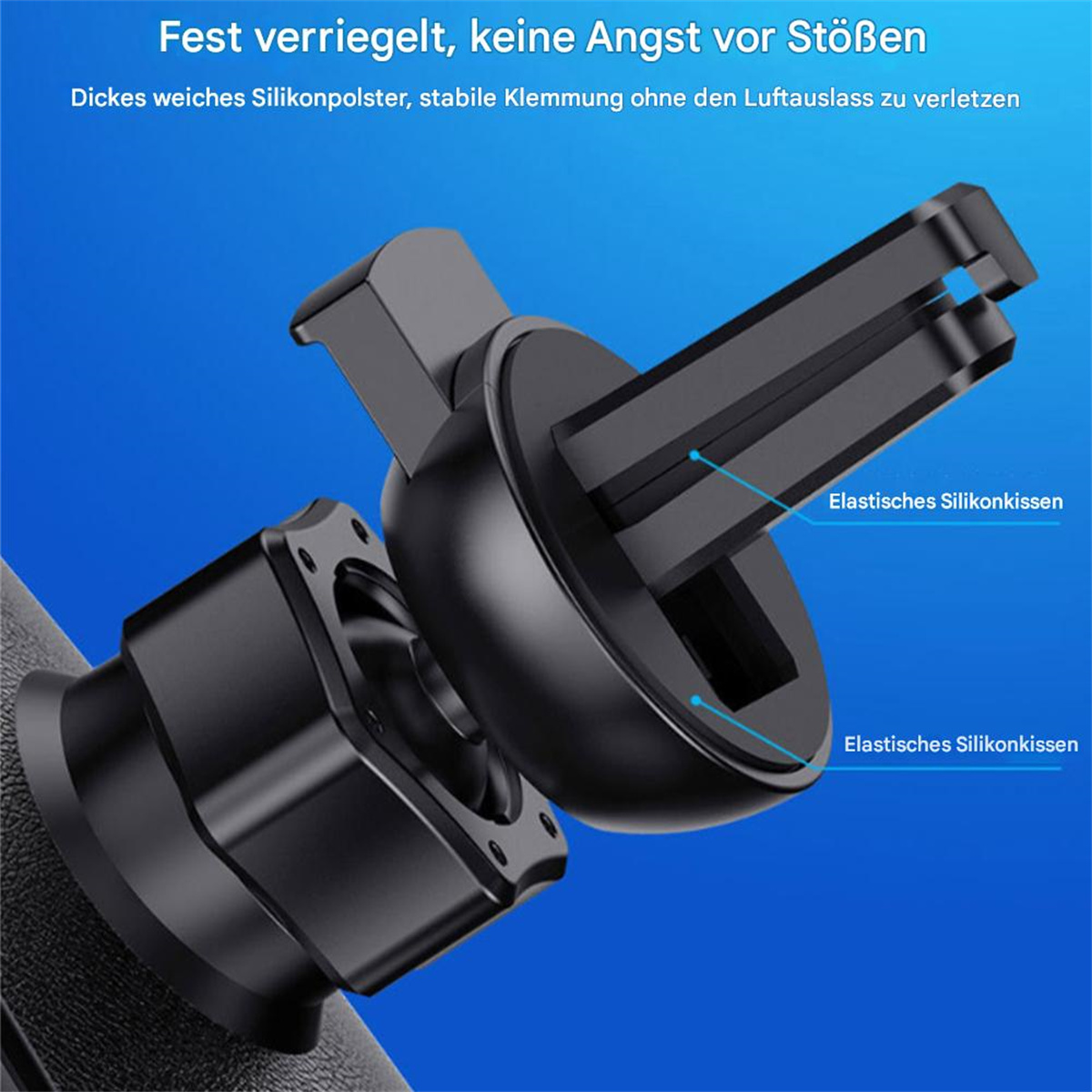 Schwarze Autotelefonhalterung mit zwei Silikonkissen. Die Halterung ist so konzipiert, dass sie ein Telefon fest hält.