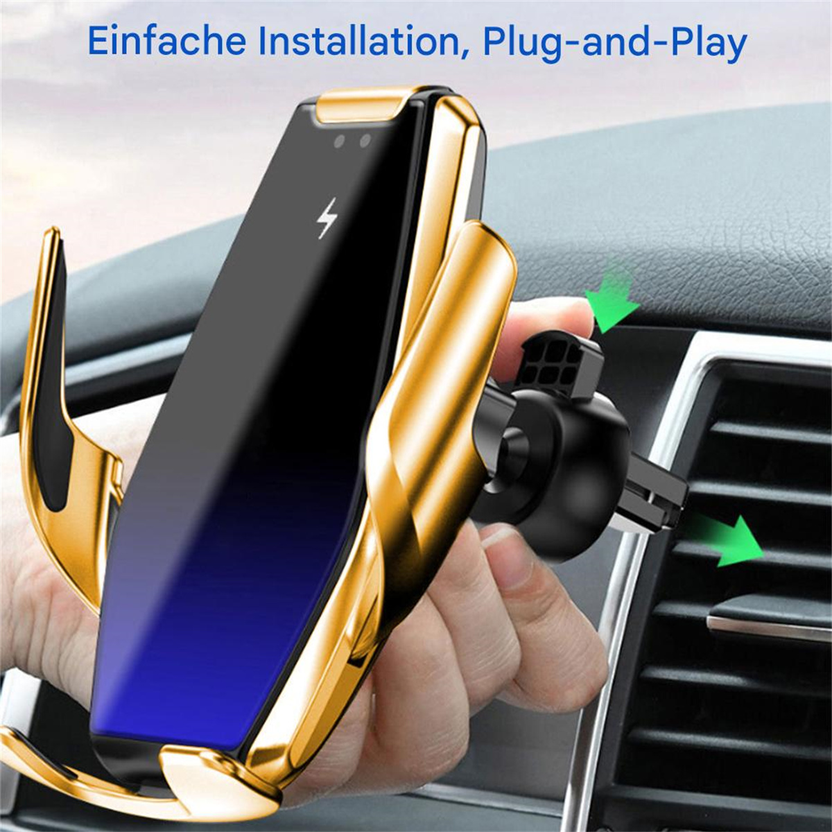 Eine Telefonhalterung in einem Auto. Sie ist gold und schwarz, das Telefon ist blau dargestellt.