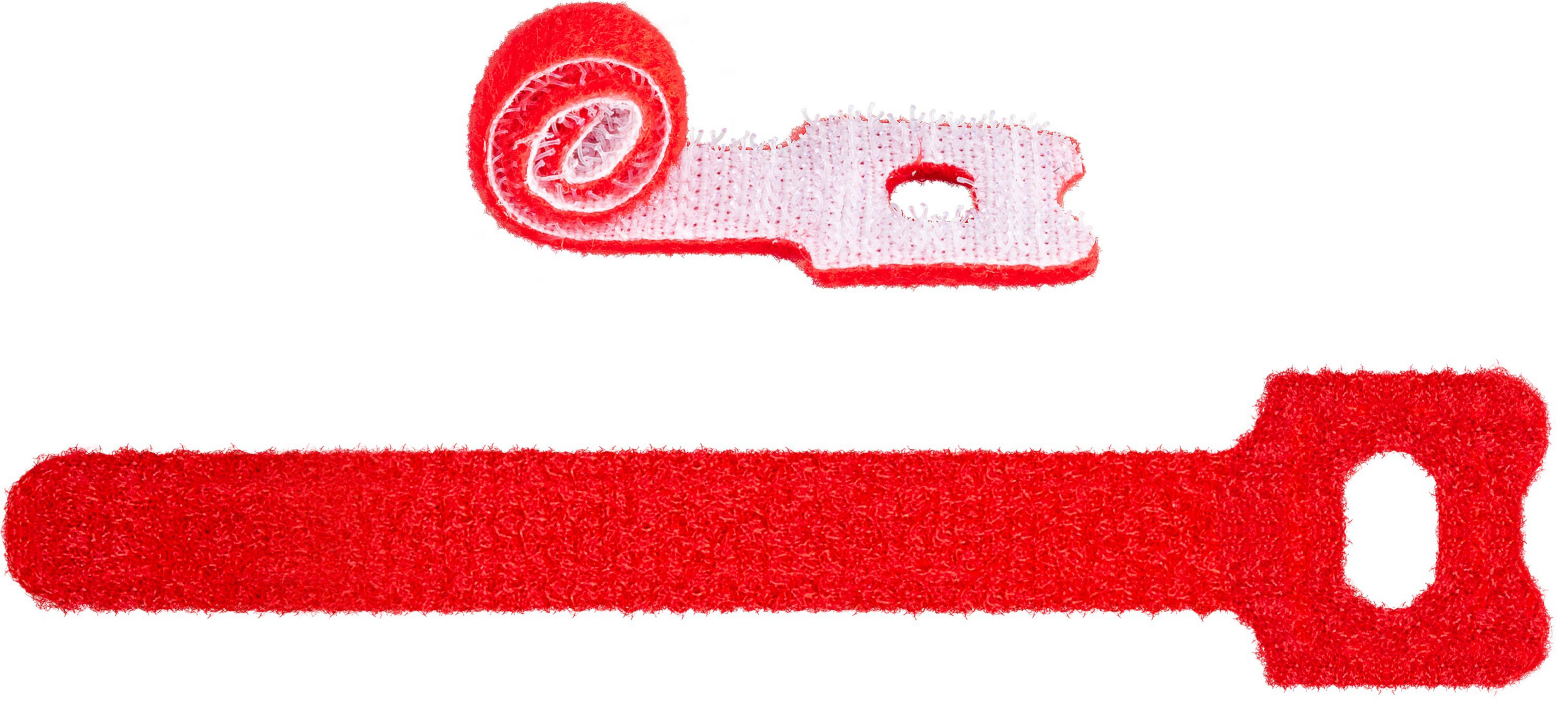 Zwei rote Klett-Kabelbinder, einer aufgerollt und einer ausgezogen, beide vor weißem Hintergrund.