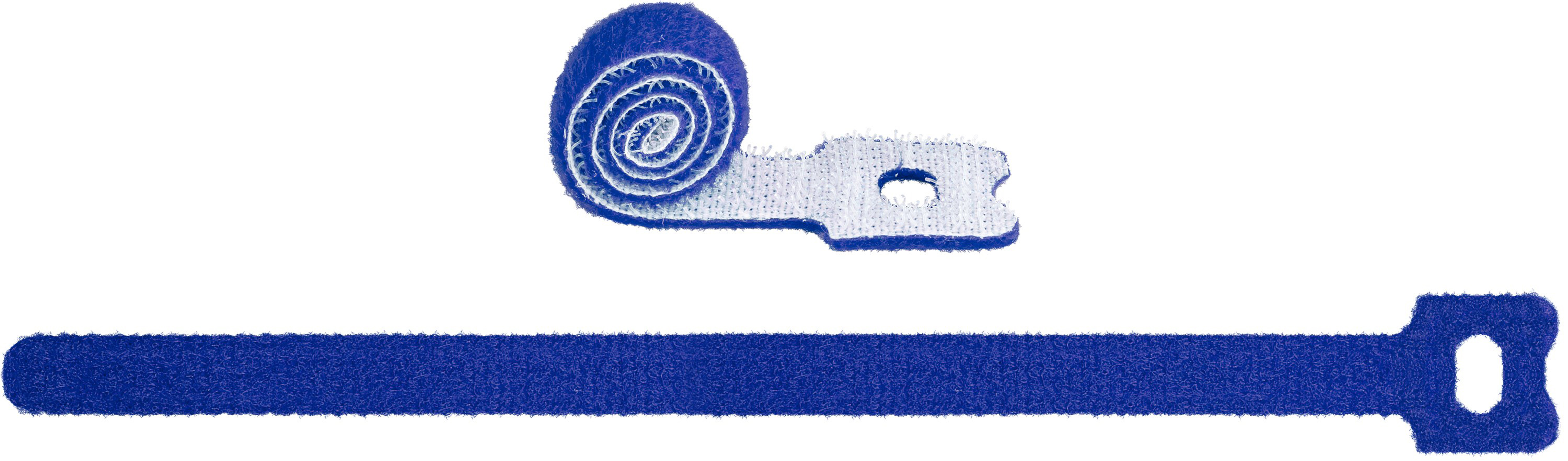 Blaue Klett-Kabelbinder. Einer ist aufgerollt. Weißer Hintergrund.