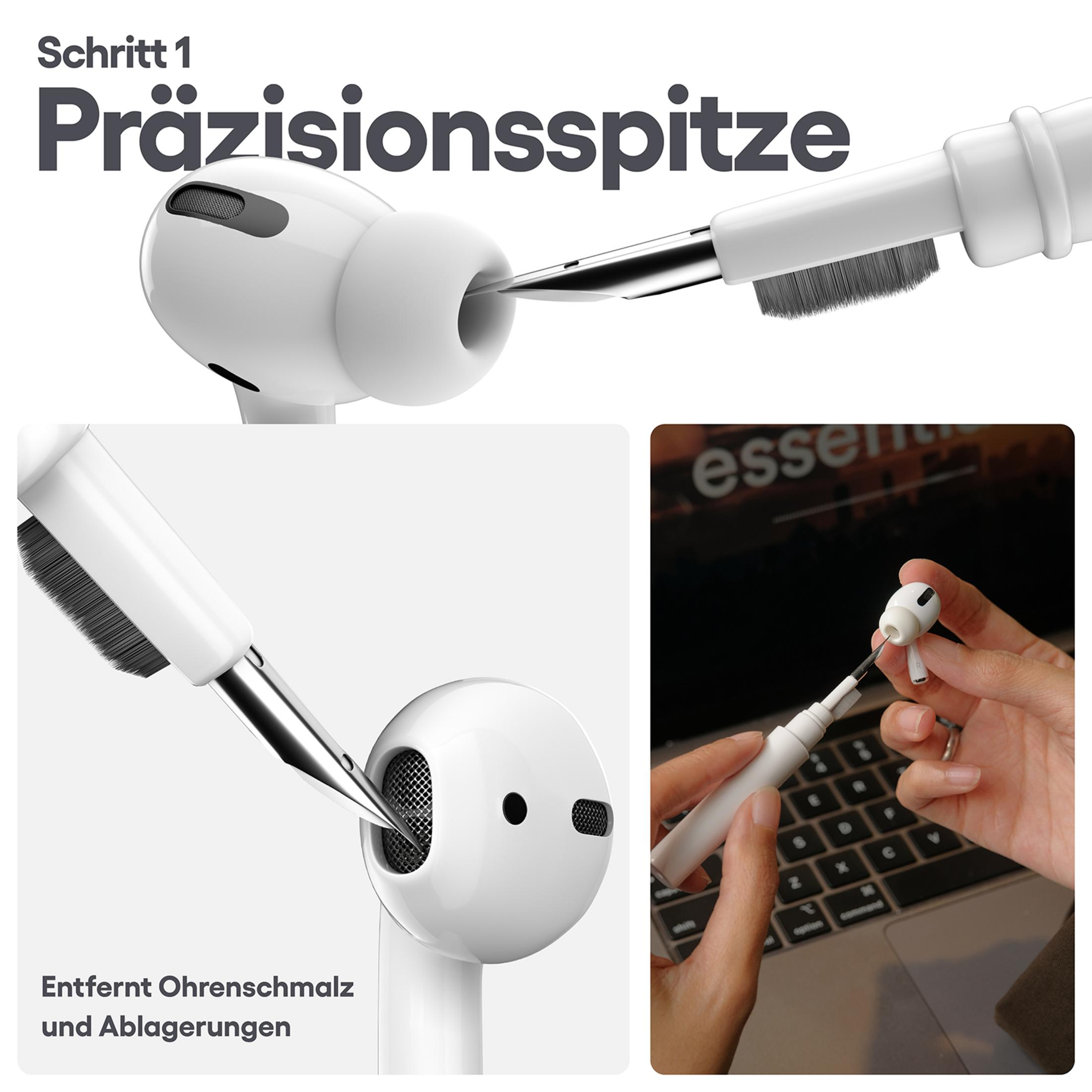 Bilder, die die Reinigung von Ohrhörern mit einem speziellen Reinigungswerkzeug zeigen.
