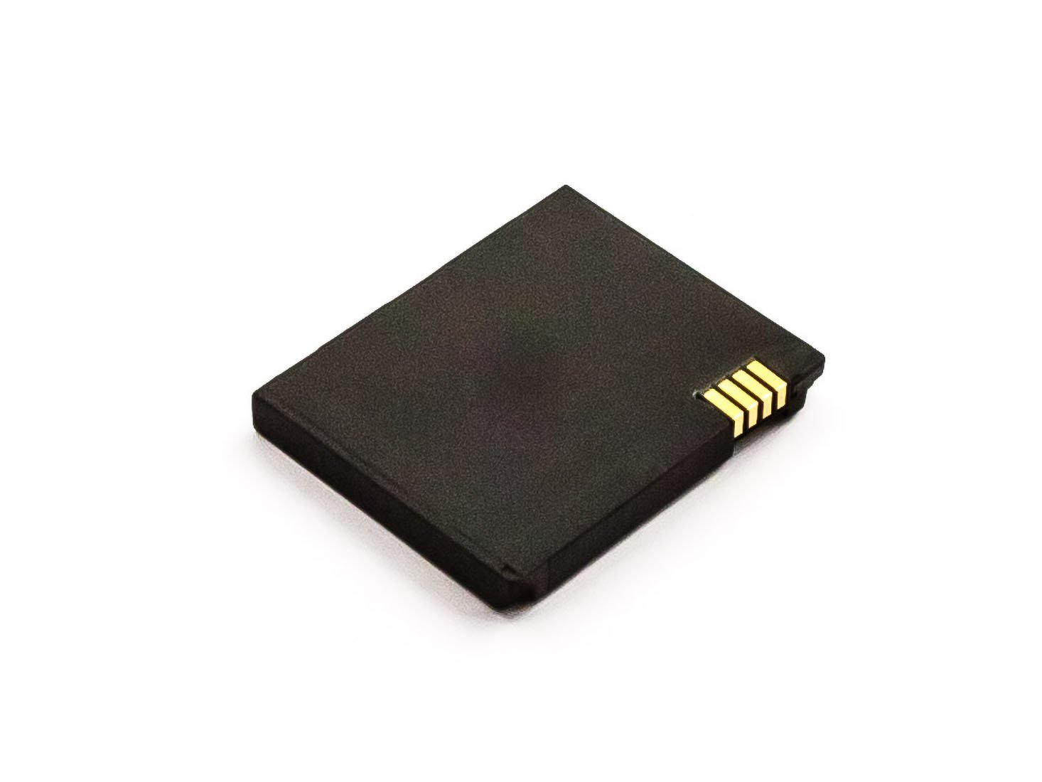 Eine schwarze Batterie mit goldenen Kontakten auf weißem Hintergrund. Sie ist rechteckig und abgewinkelt.