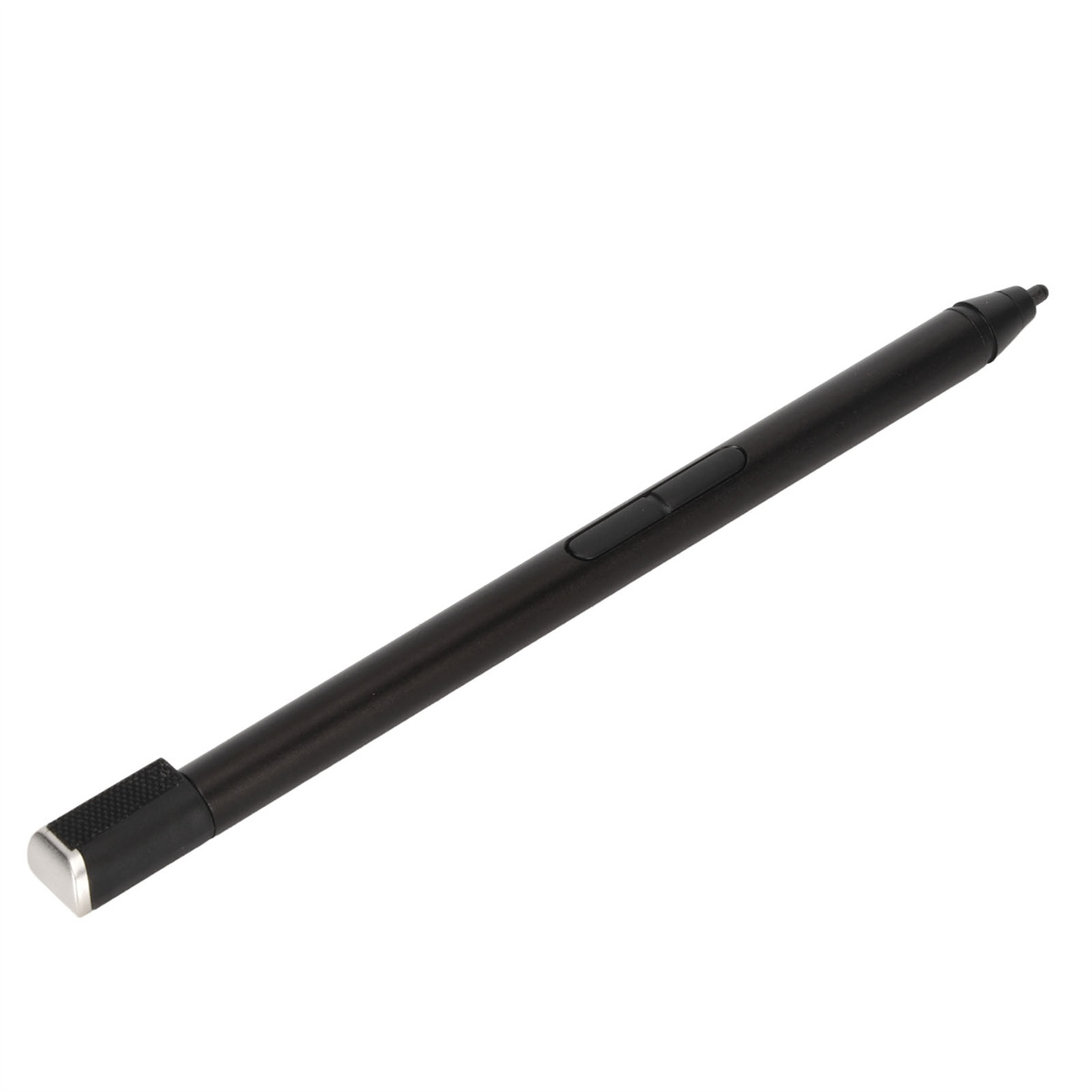 Ein schwarzer Eingabestift mit silberner Spitze und Knopf an der Seite, vor weißem Hintergrund.