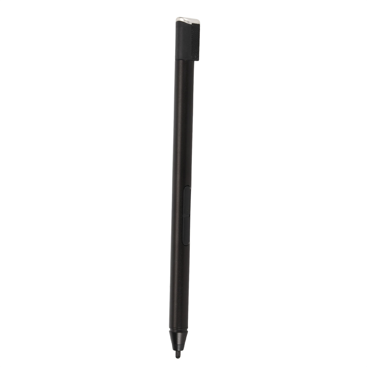 Schwarzer Eingabestift. Der Stift befindet sich auf weißem Hintergrund, mit einer grünen Spitze und einem schwarzen Knopf.