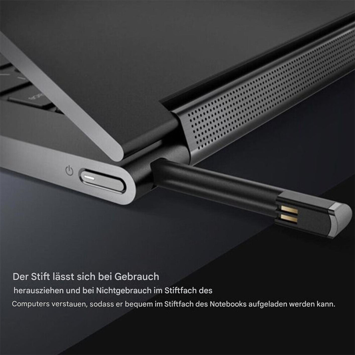 Laptop mit eingesetztem Stift. Nahaufnahme von Ladeanschluss und Stift.
