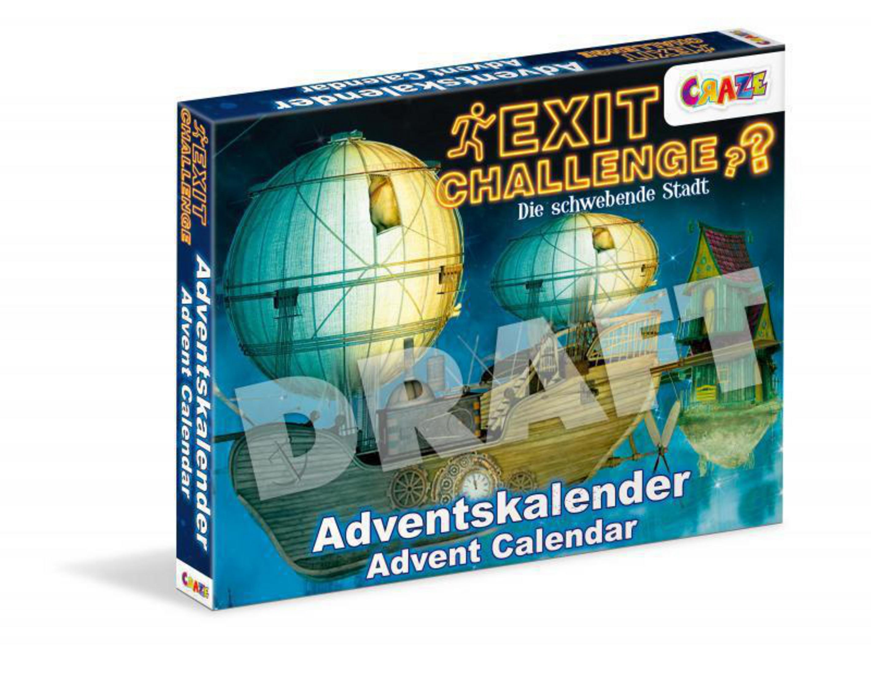 Adventskalenderbox mit Heißluftballon und den Worten 'EXIT CHALLENGE?'.