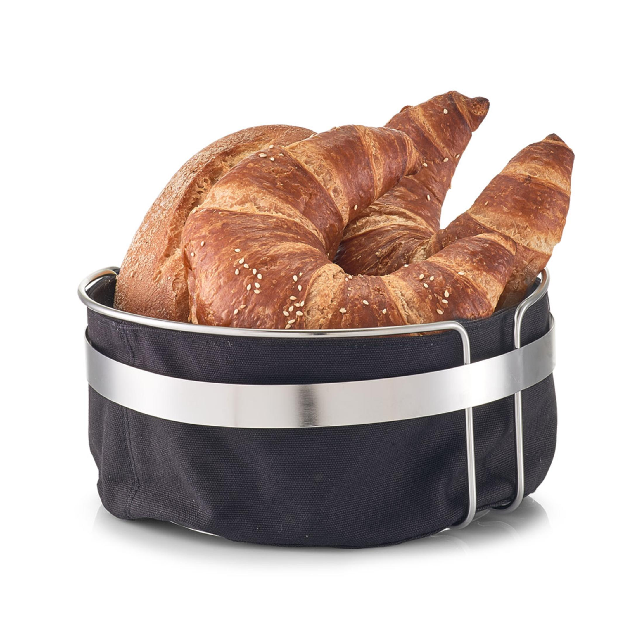 Ein Metallkorb mit Brot. Enthält ein Brot und zwei Croissants.