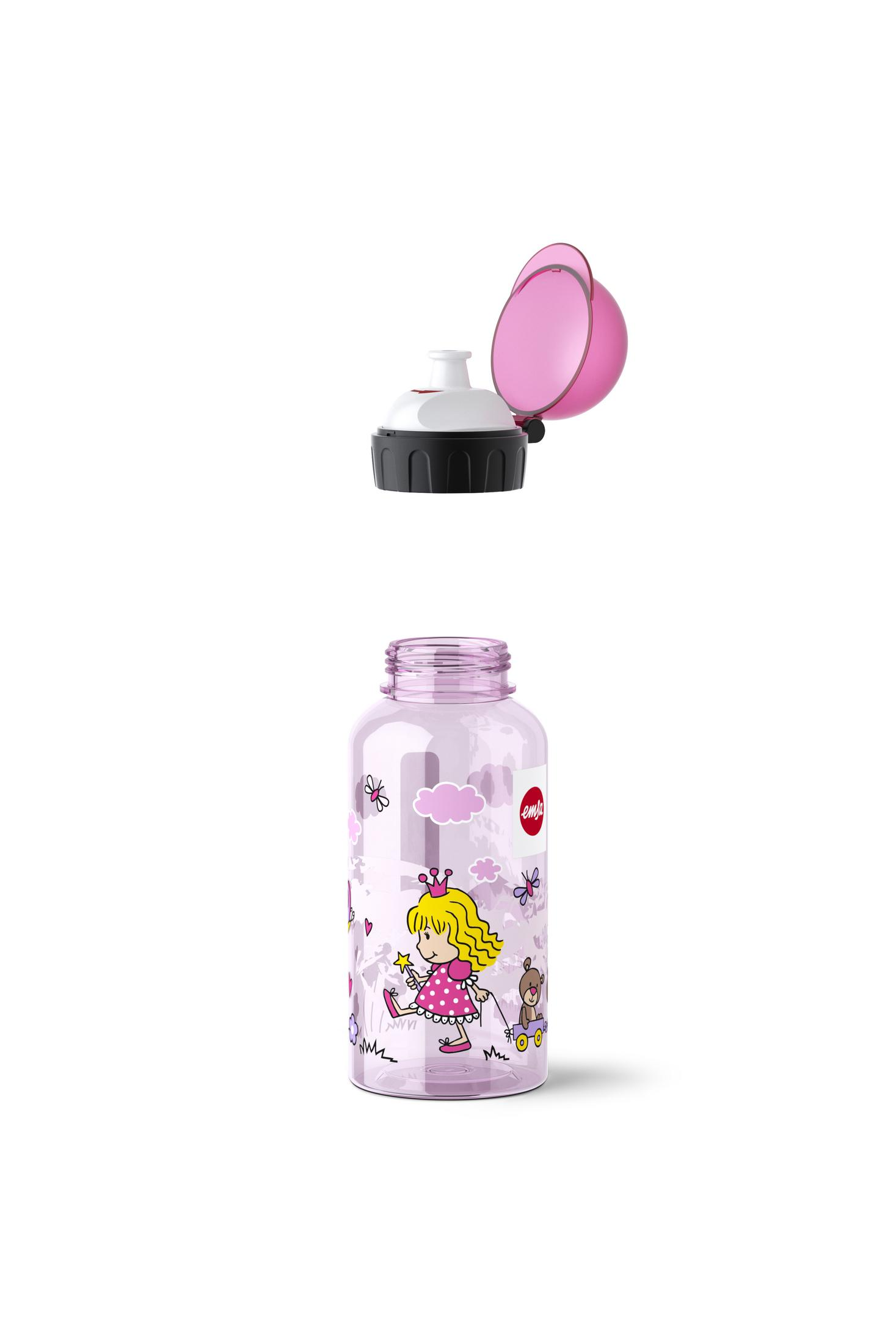 Rosa Flasche mit Prinzessinnen-Design, offenem Deckel. Weißer Hintergrund.