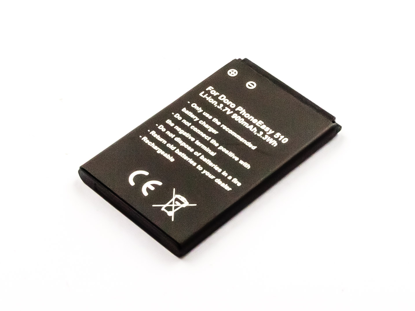 Schwarzer Doro PhoneEasy 510 Akku mit Textanweisungen. Der Akku liegt auf weißem Untergrund.