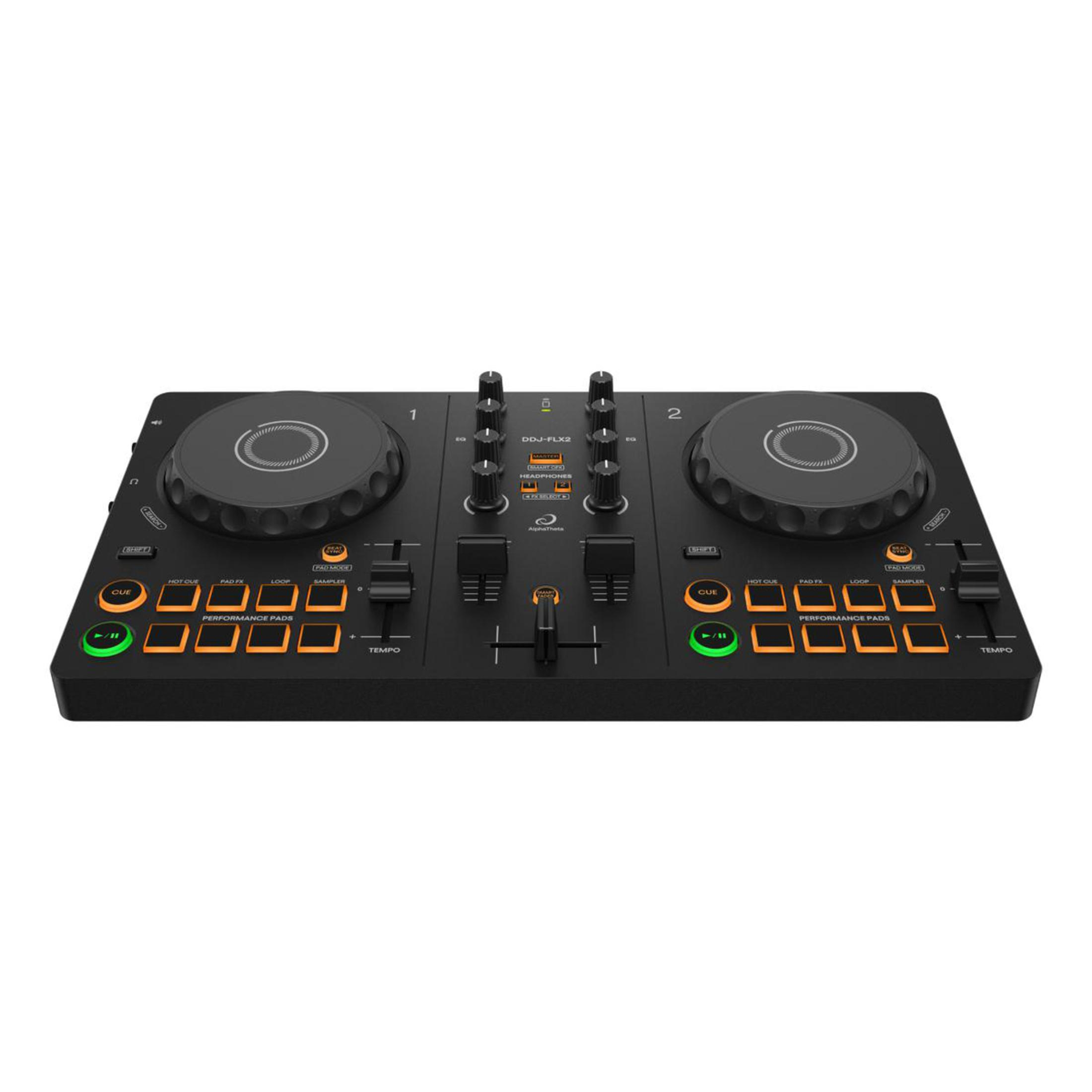 Draufsicht auf einen schwarzen DJ-Controller mit zwei Plattenspielern, Knöpfen und einem Display.