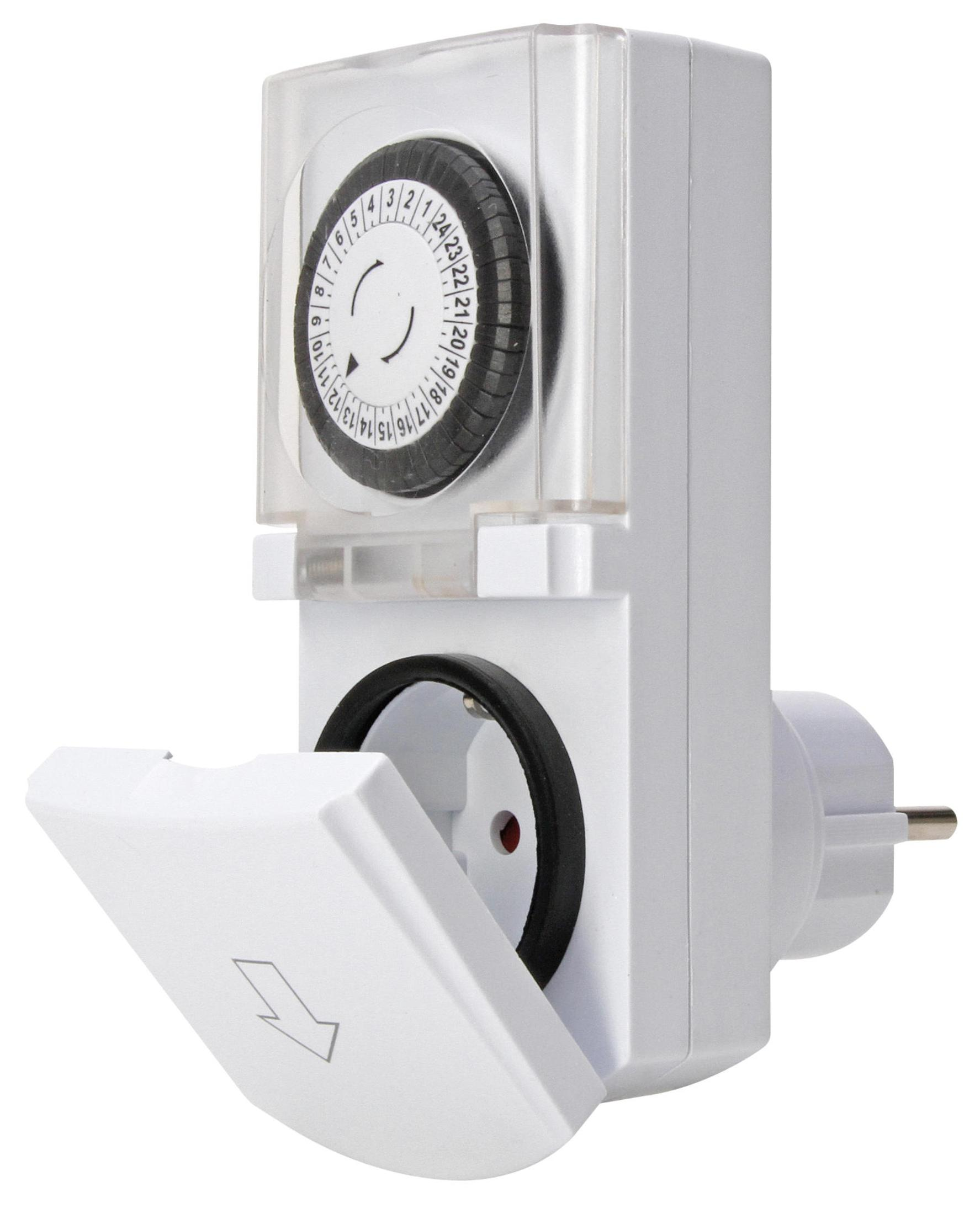 Timer digitale bianco con coperchio trasparente e spina bianca con coperchio. Il coperchio è aperto.