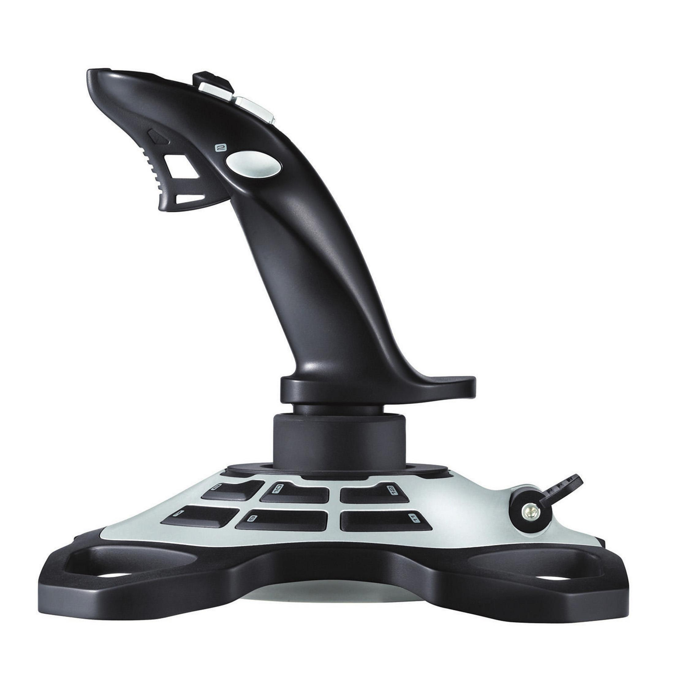 Un joystick nero e argento con molti pulsanti e una base nera su sfondo bianco.