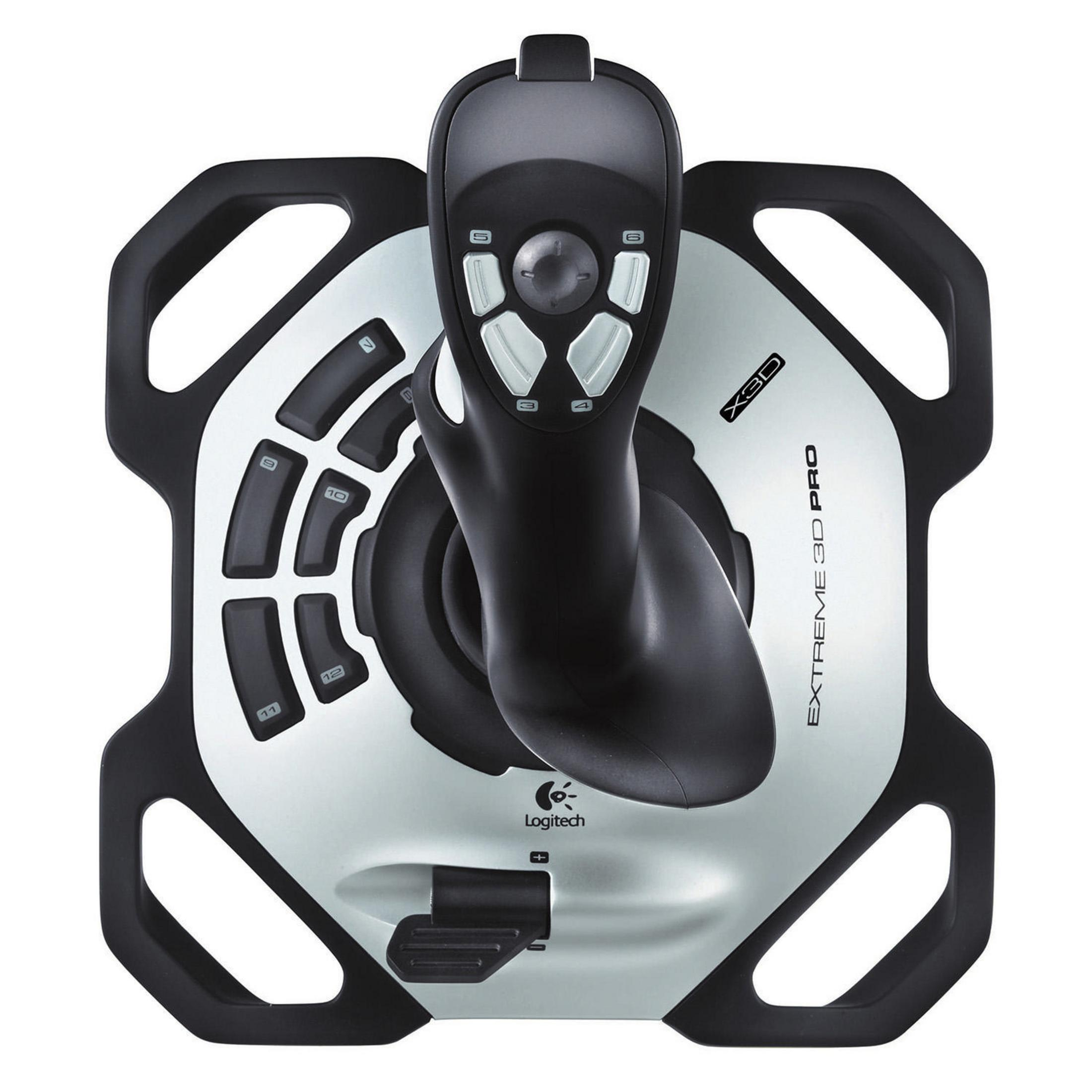 Joystick nero e argento. Extreme 3D Pro. Sfondo bianco.