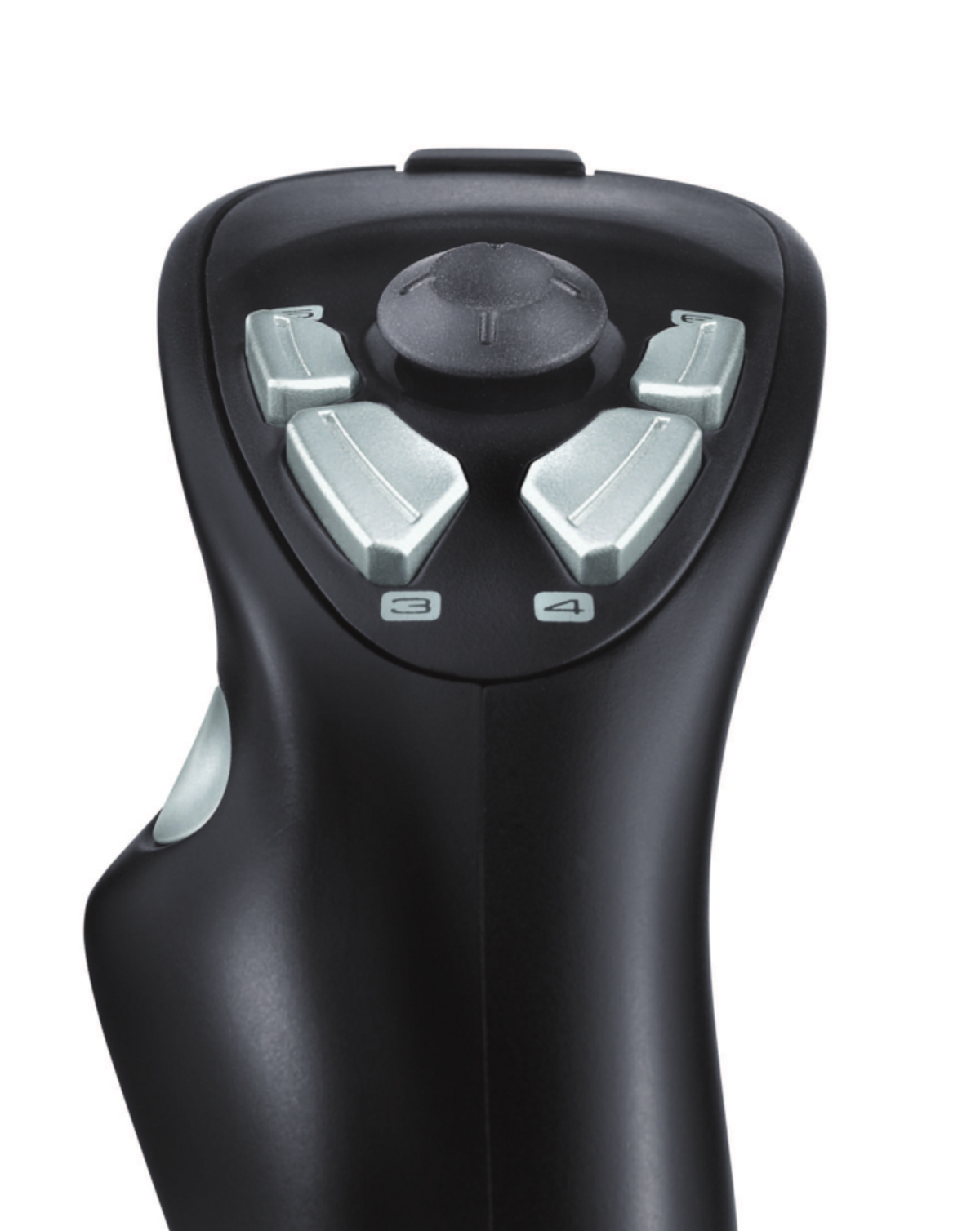 Un joystick nero con quattro pulsanti argentati e una parte superiore grigia.