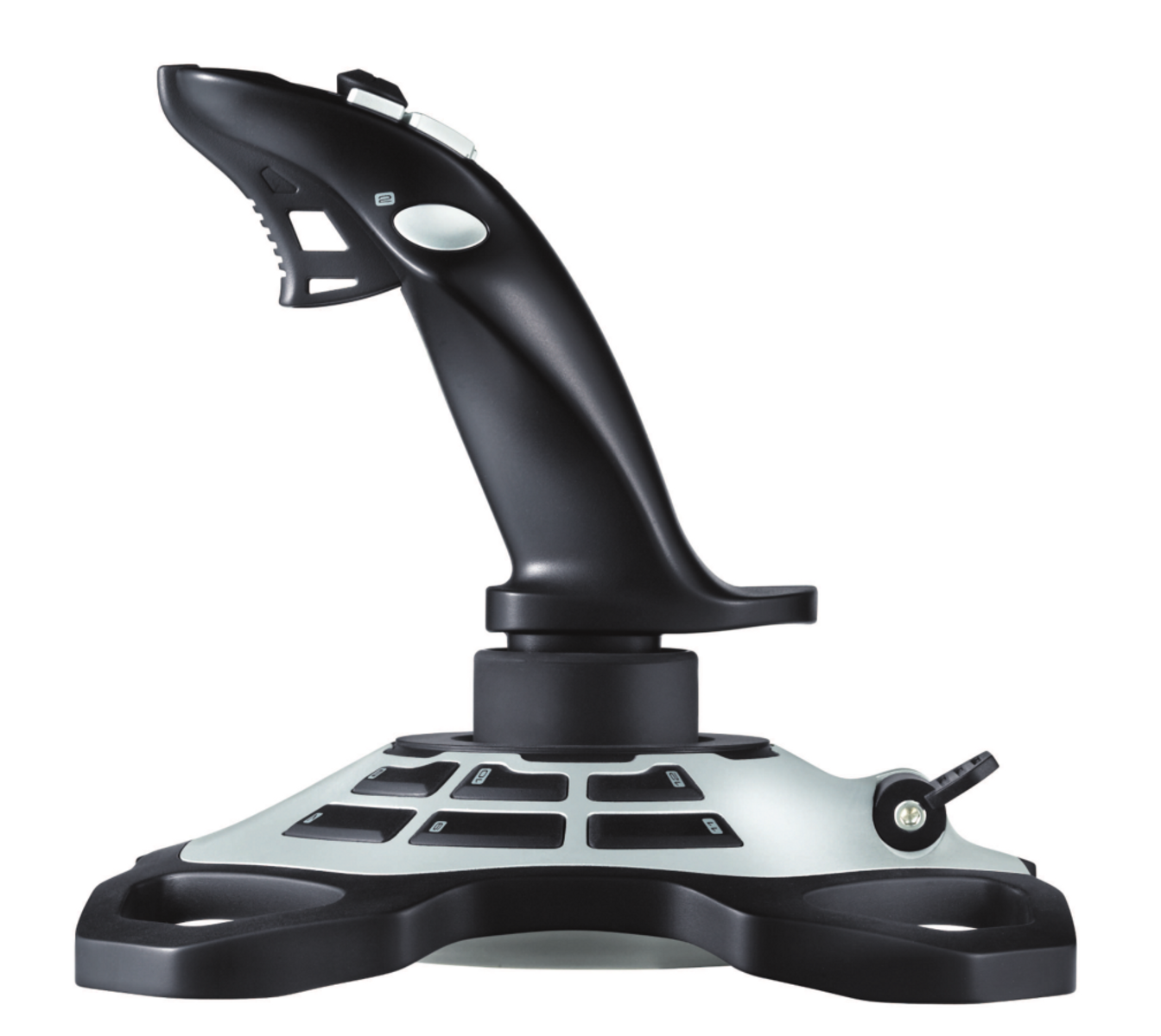 Controller joystick nero e argento con design curvo su sfondo bianco.