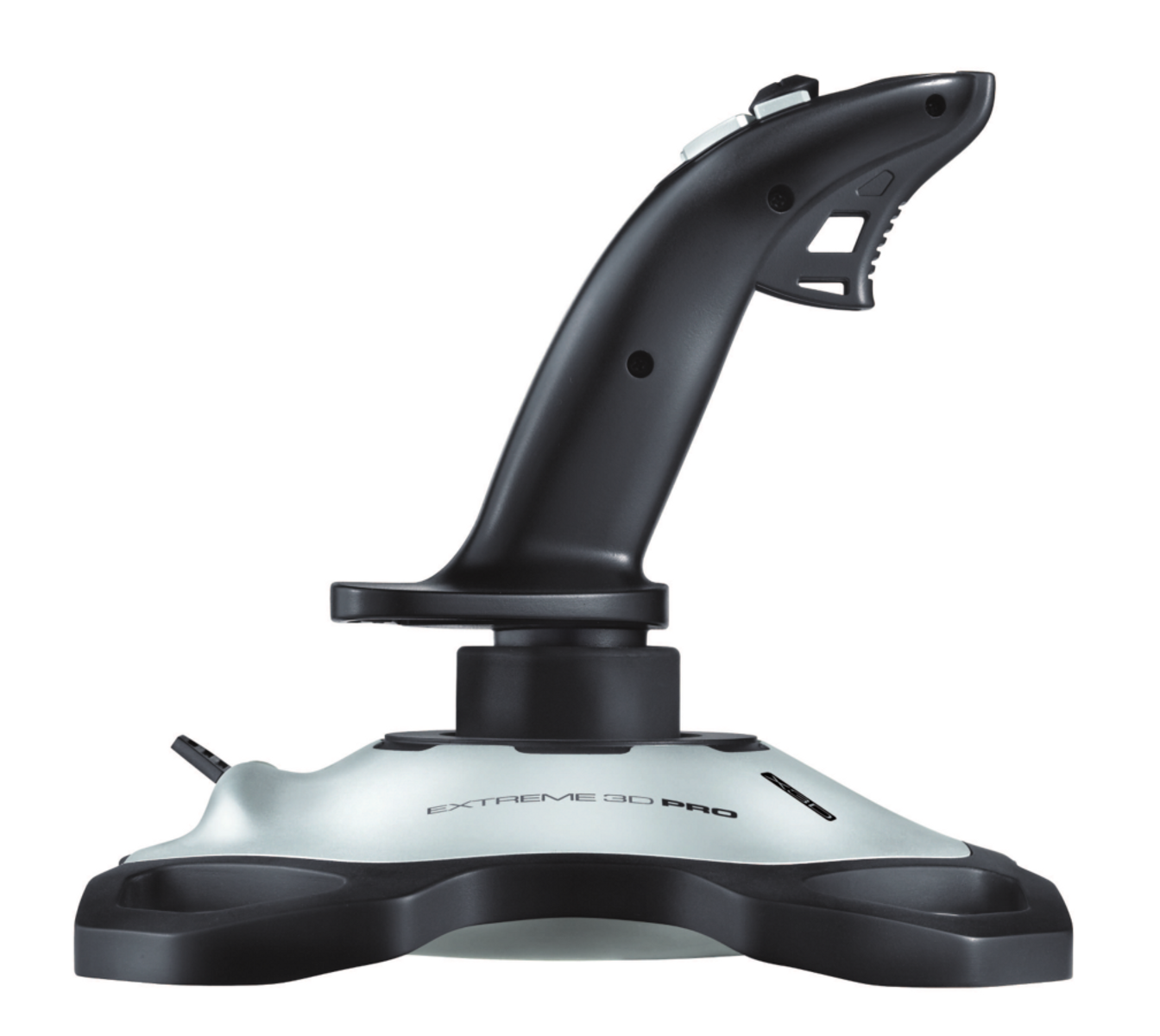 Joystick nero su sfondo bianco. È dotato di una base e di un'impugnatura con pulsanti.