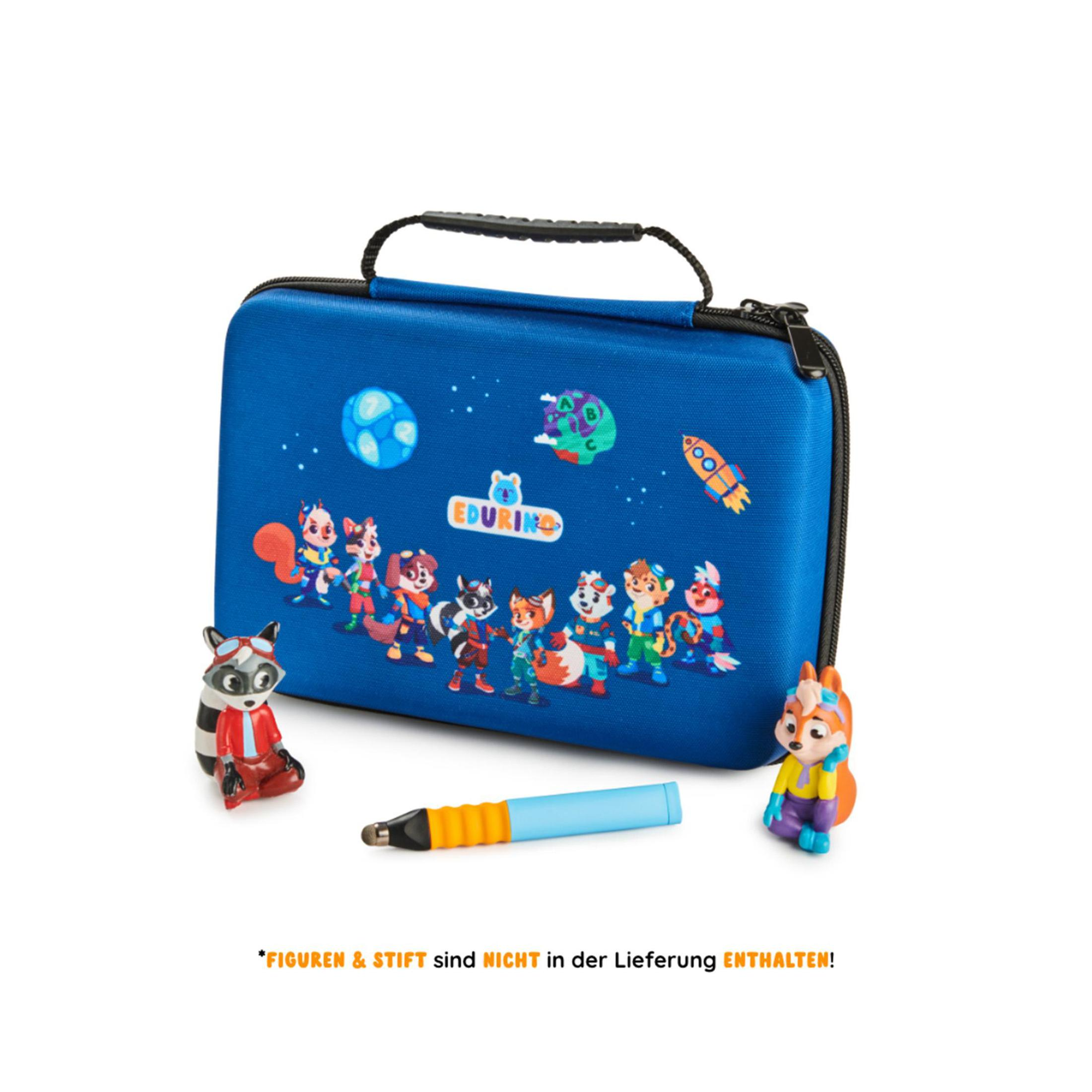 Blaue Tragetasche mit Zeichentrickfiguren, Figuren, einem Stift und einem blau-orangen Stift.