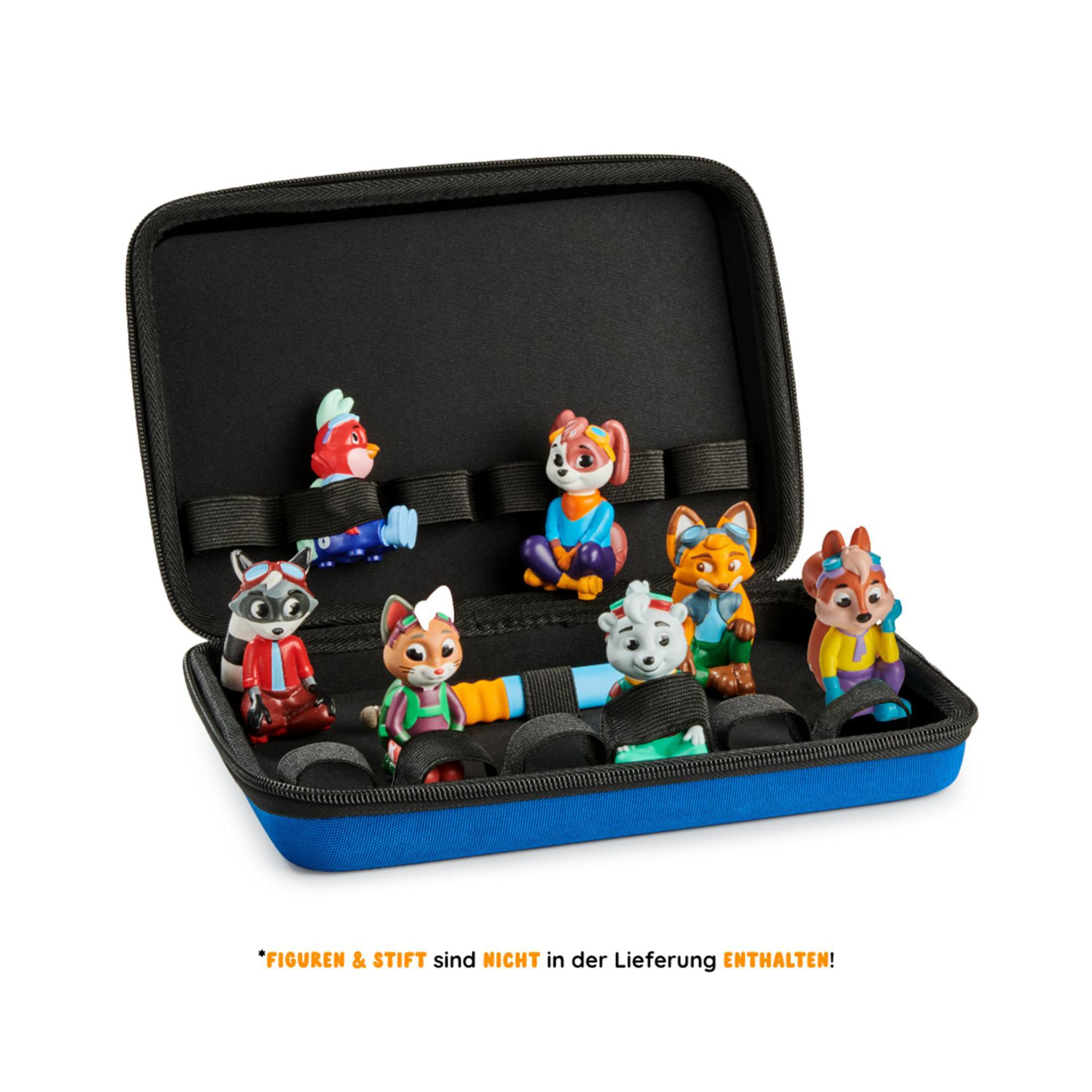Ein blaues Federmäppchen mit bunten Cartoon-Tierfiguren.