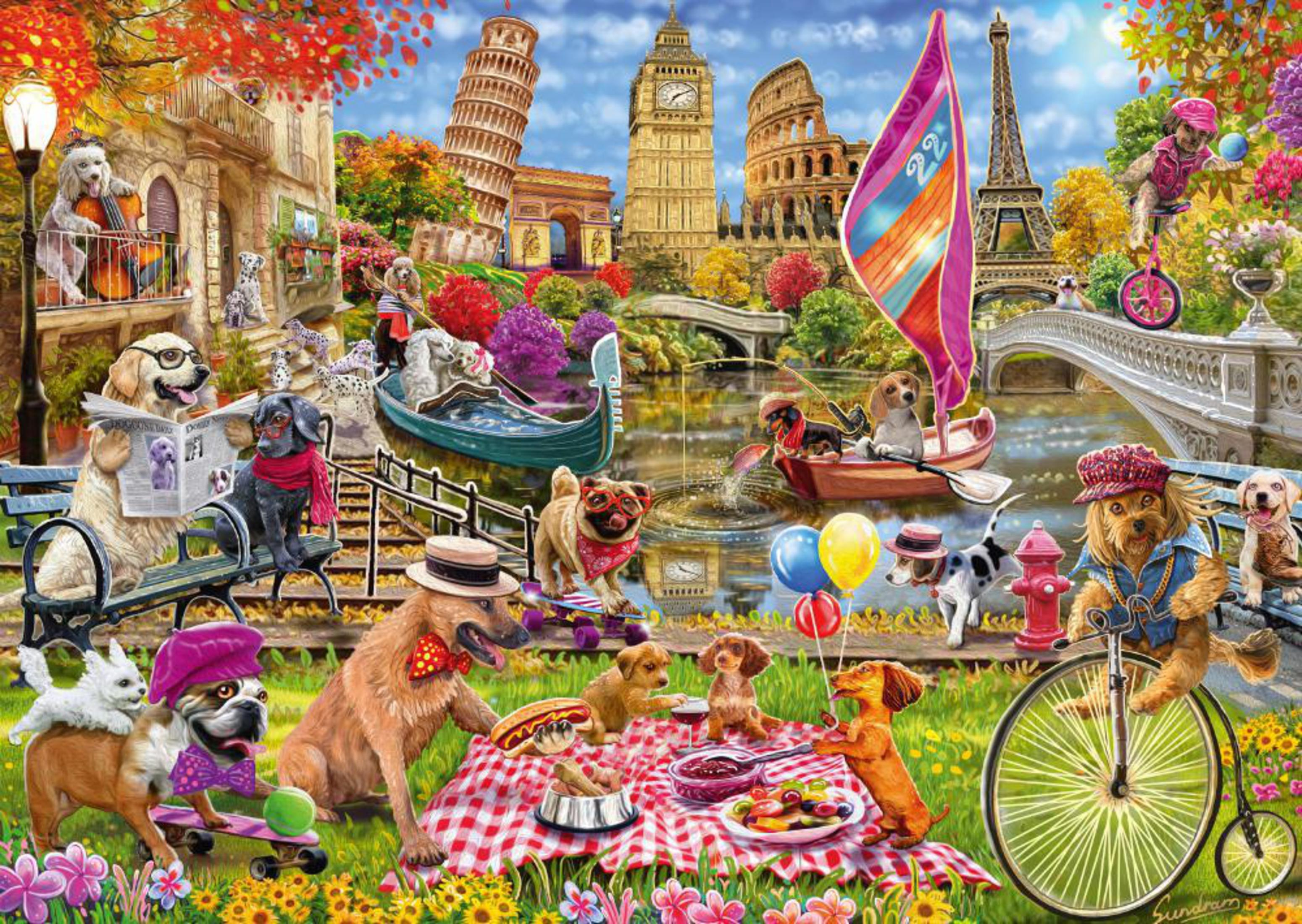 Puzzle: Hunde in europäischer Stadt mit Wahrzeichen, Picknick, Fahrradfahren.
