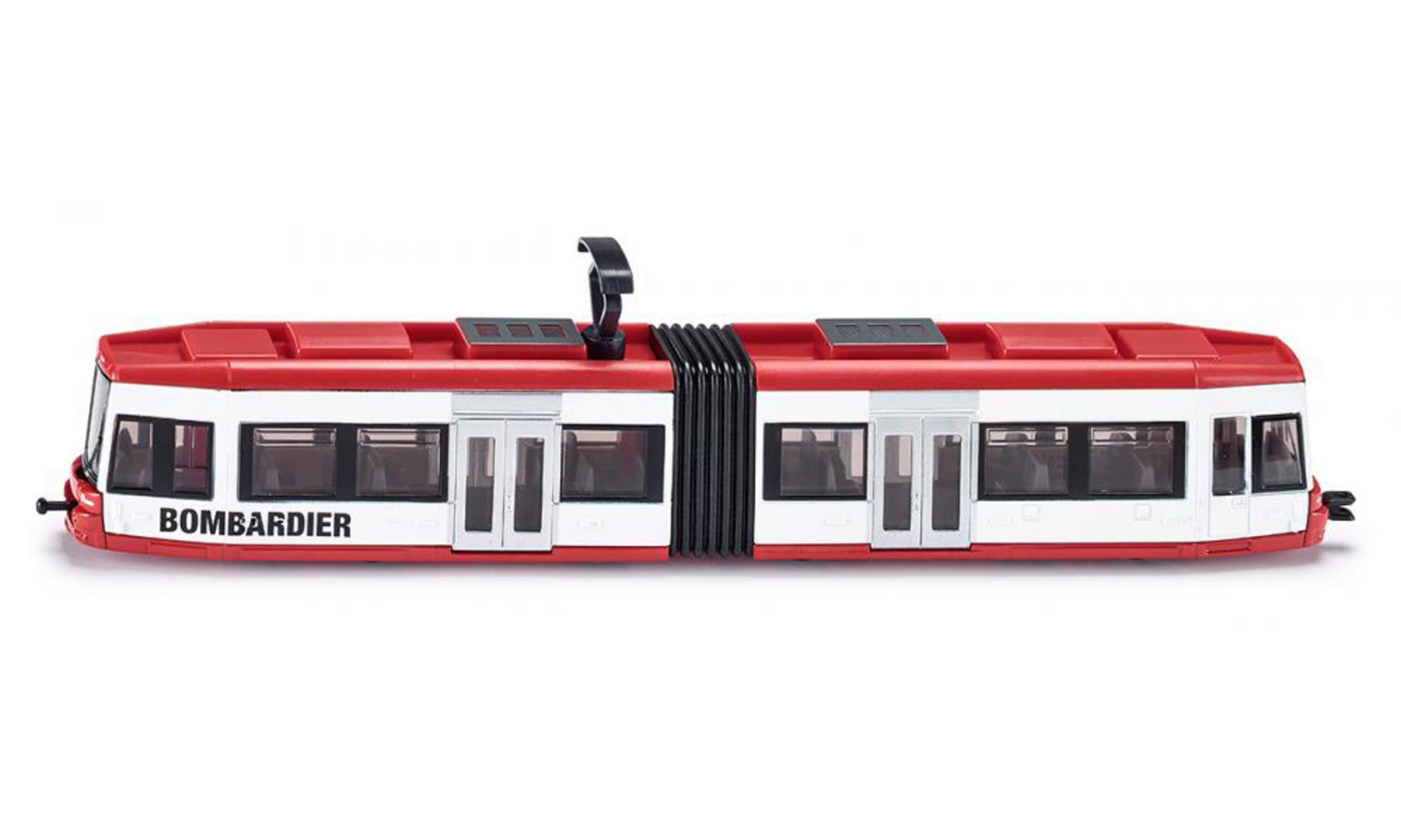 Rot-weißer Modellzug mit 'BOMBARDIER'-Text, isoliert auf Weiß.