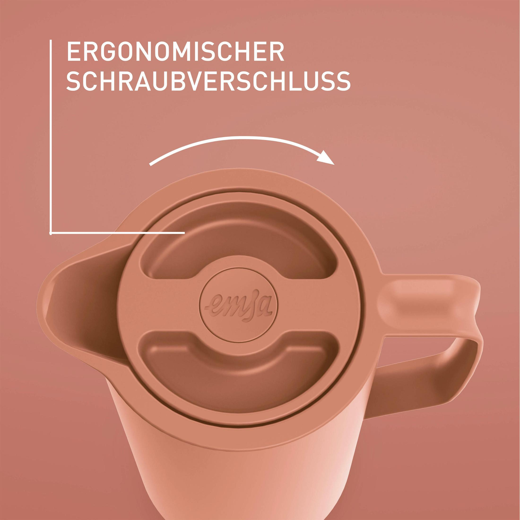 Ein hellbrauner Krug mit Deckel, darauf der Text 'ERGONOMISCHER SCHRAUBVERSCHLUSS'.