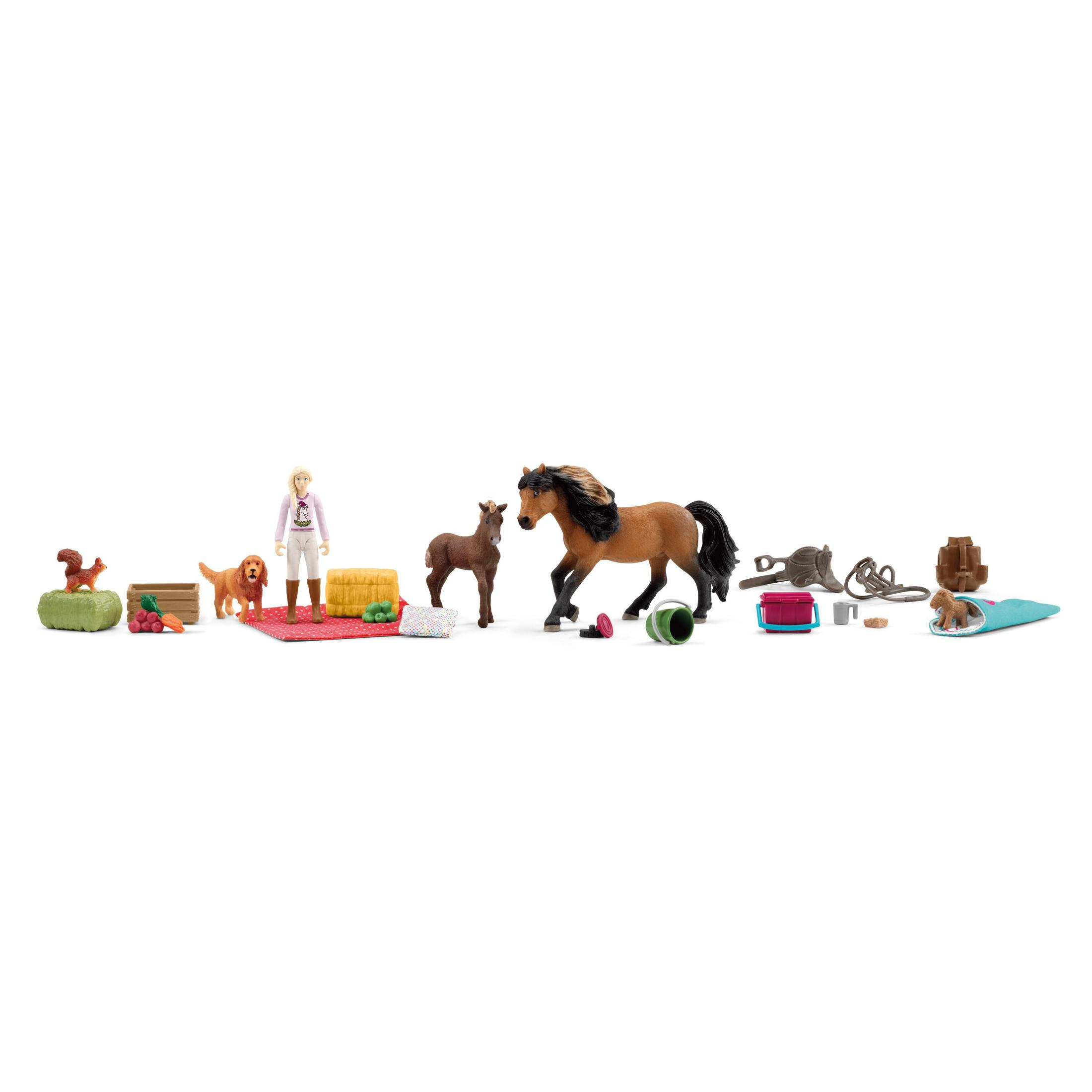Ein Set aus Spielzeugpferden, einem Mädchen, einem Hund und Zubehör auf weißem Hintergrund.