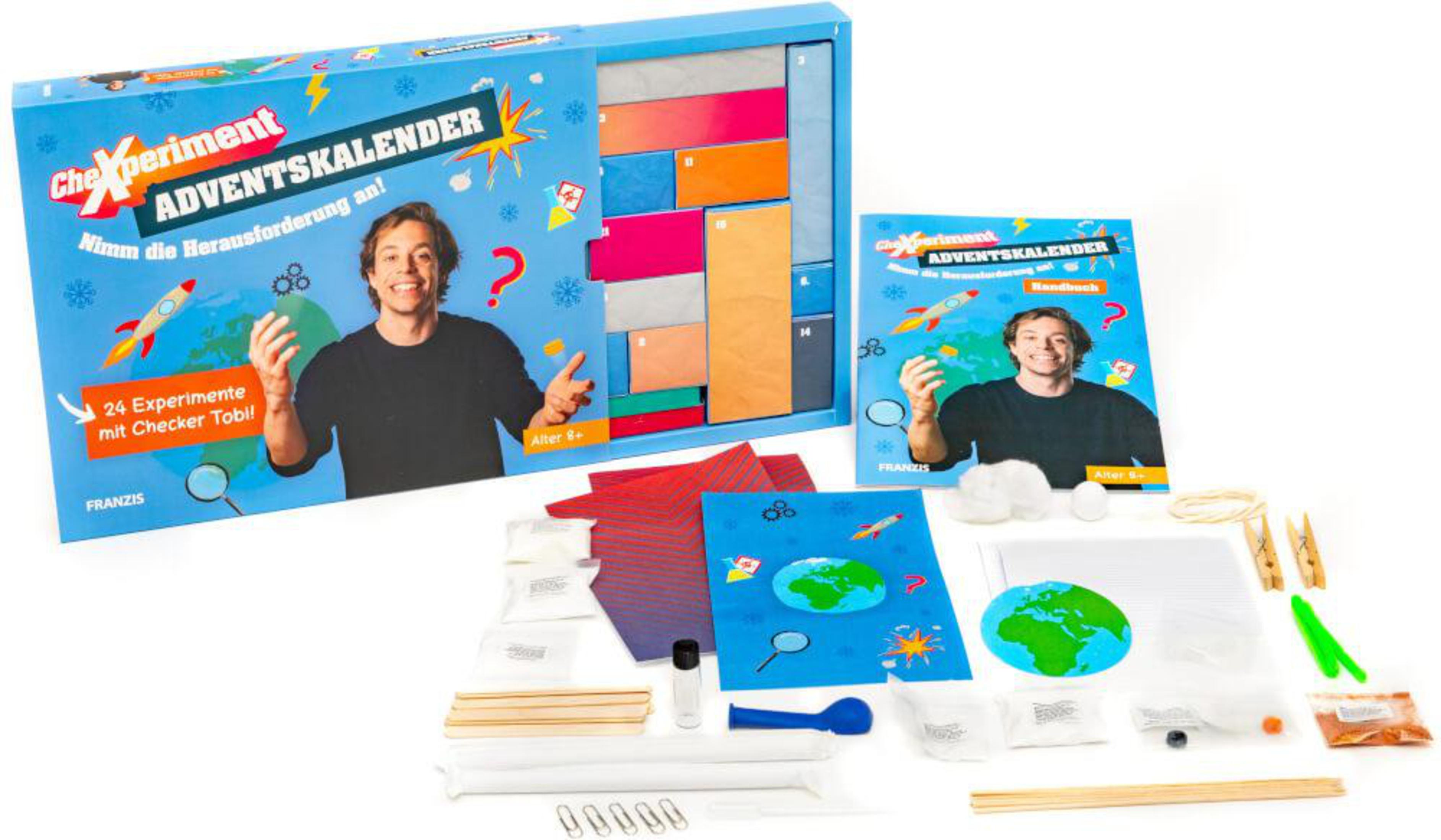 Ein Adventskalender in Box, mit einem Manns Bild. Enthält verschiedene Gegenstände und ein Heft.