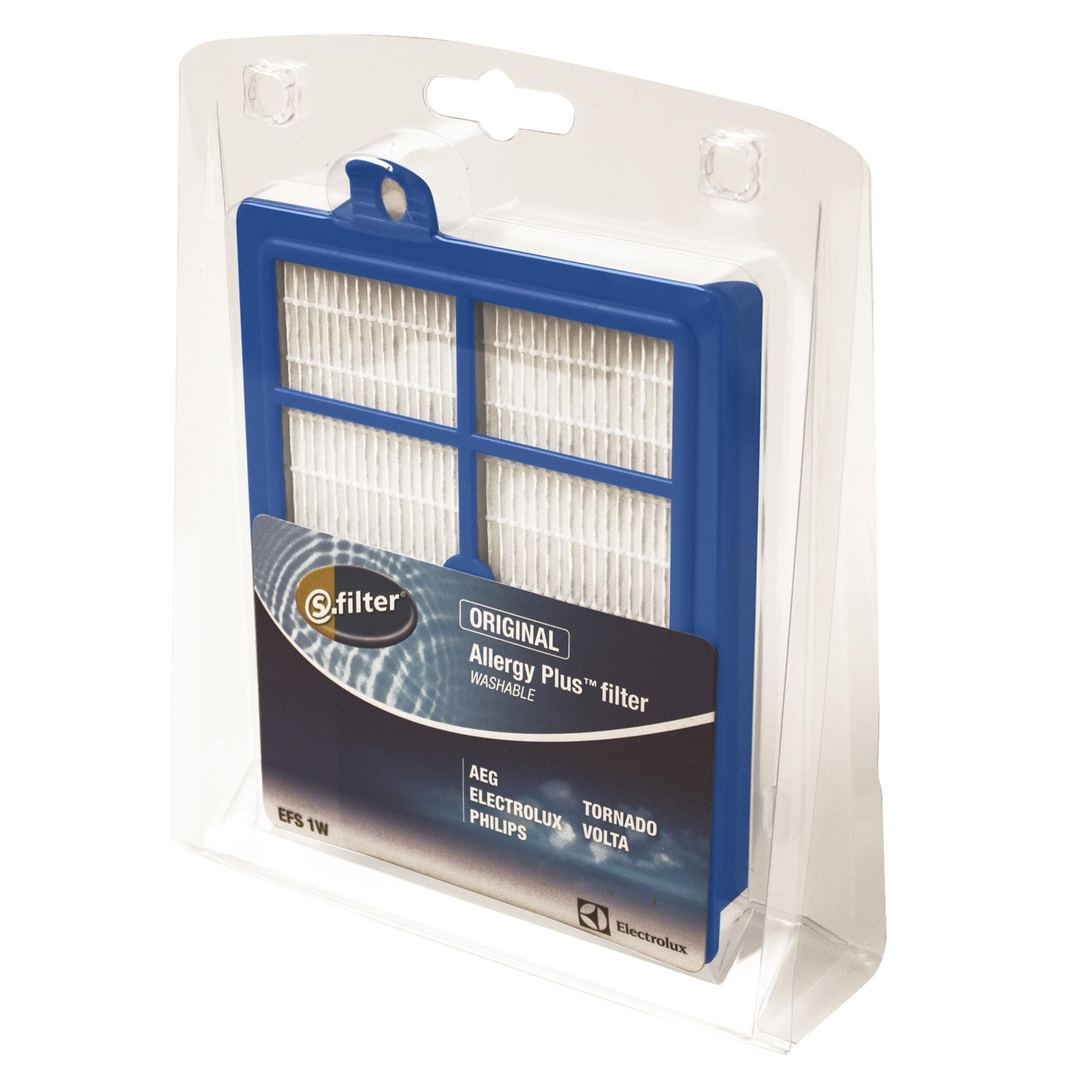 Filtr w przezroczystym opakowaniu z tworzywa sztucznego. Niebiesko-biały, z napisem o praniu.