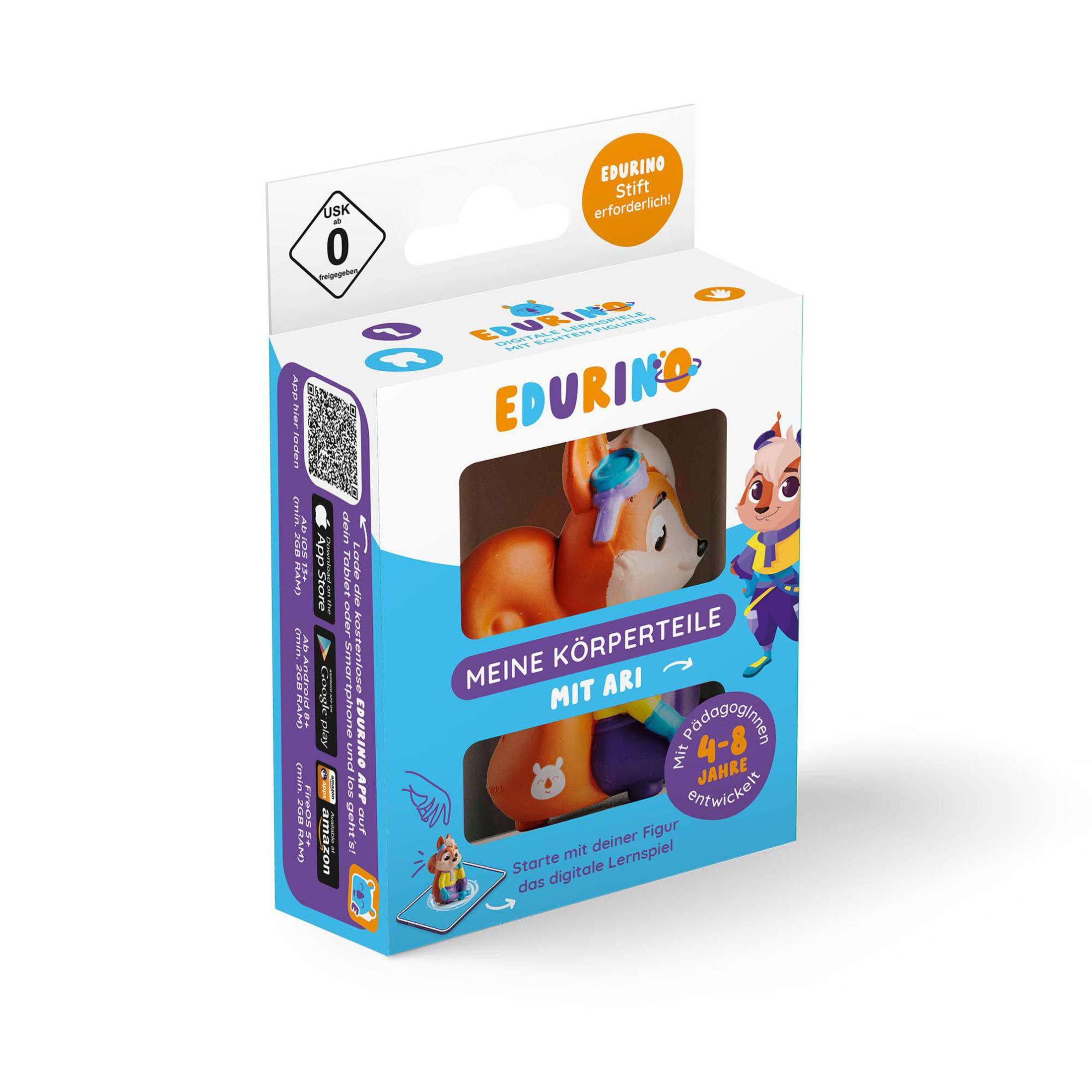 Eine Schachtel mit einem Kinderspielzeug. Sie enth ält ein Fuchspielzeug und farbenfrohe Bilder. Der Hintergrund ist weiß.