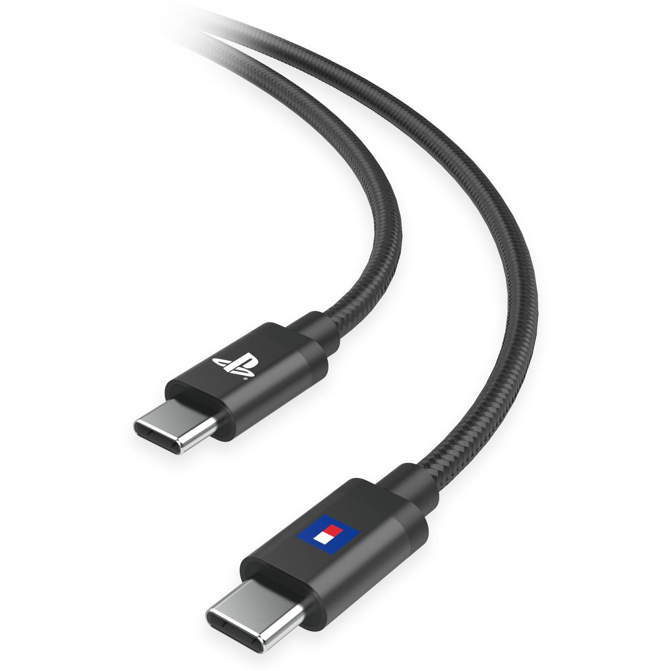 Czarny kabel ładujący USB-C do PlayStation. Posiada logo PlayStation na złączu.