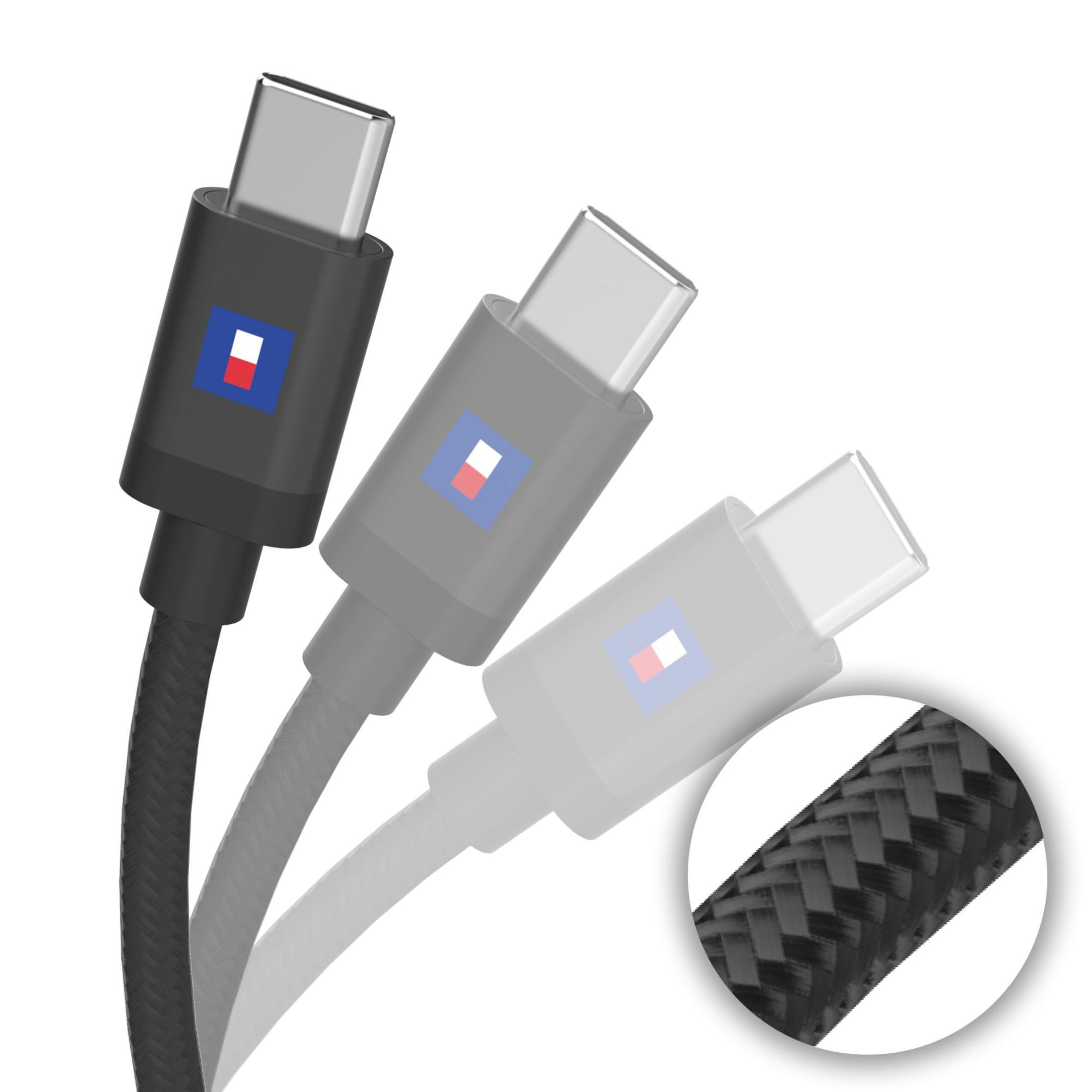 Trzy kable USB-C. Kable są czarne, szare i białe z wzorem na złączach.