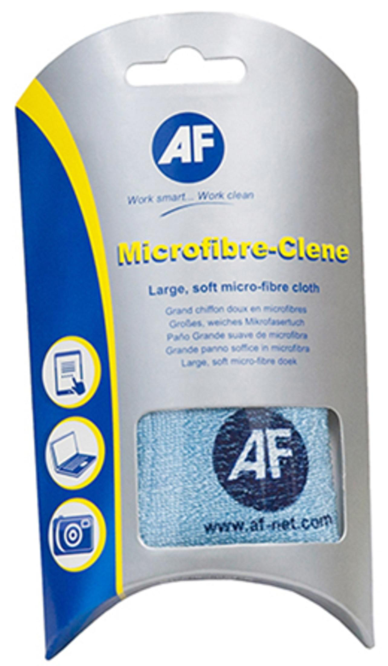 Niebieska ściereczka z mikrofibry w srebrno-niebieskim opakowaniu. Etykieta głosi 'Microfibre-Clene'.