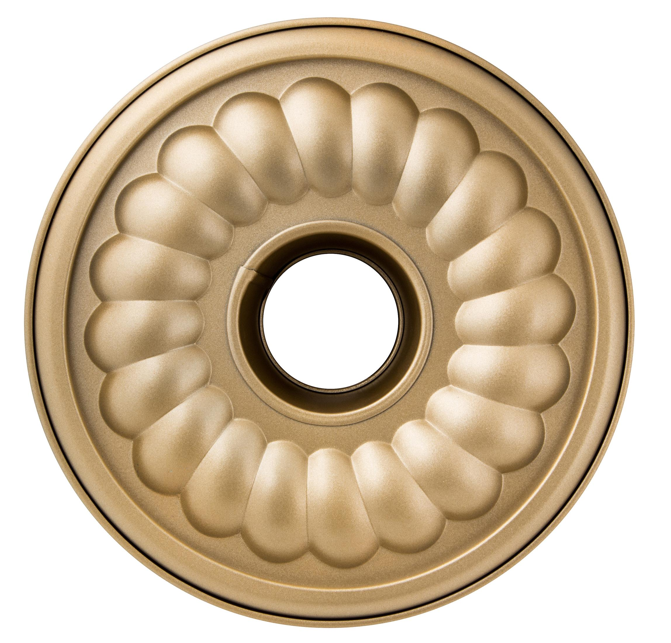 Goldene Gugelhupf-Form, Draufsicht, mit zentralem Loch und Wellendesign.