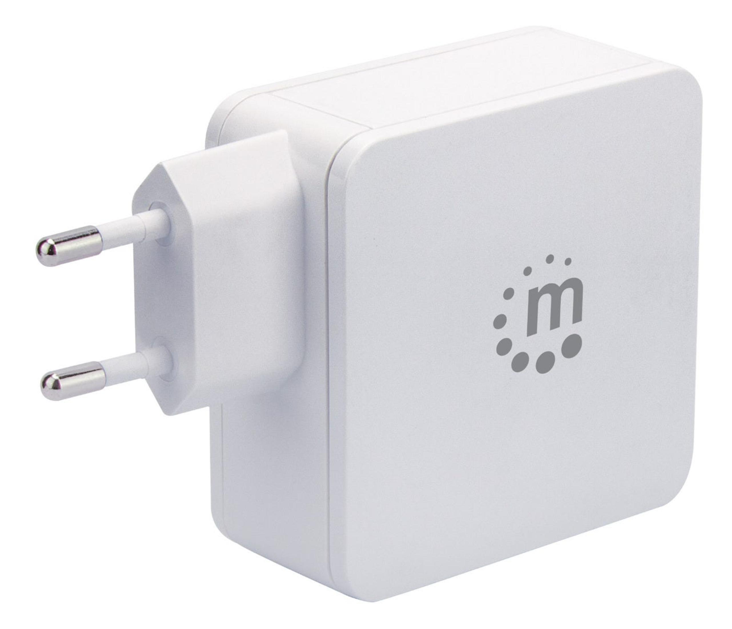 Ein weißes Netzteil mit europäischem Stecker. Es befindet sich auf weißem Hintergrund.