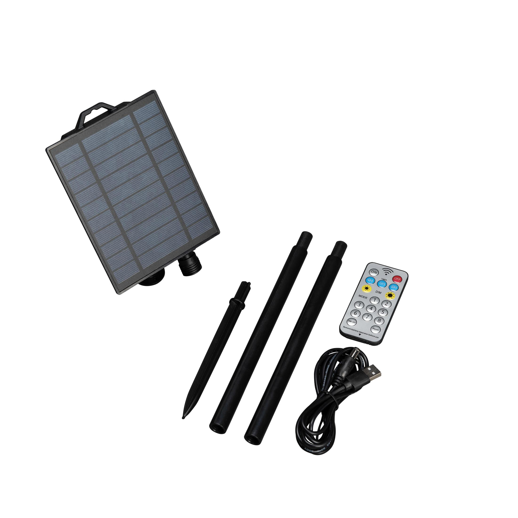 Solarpanel-Set mit Pfählen, Stangen, einer Fernbedienung und einem Ladekabel.