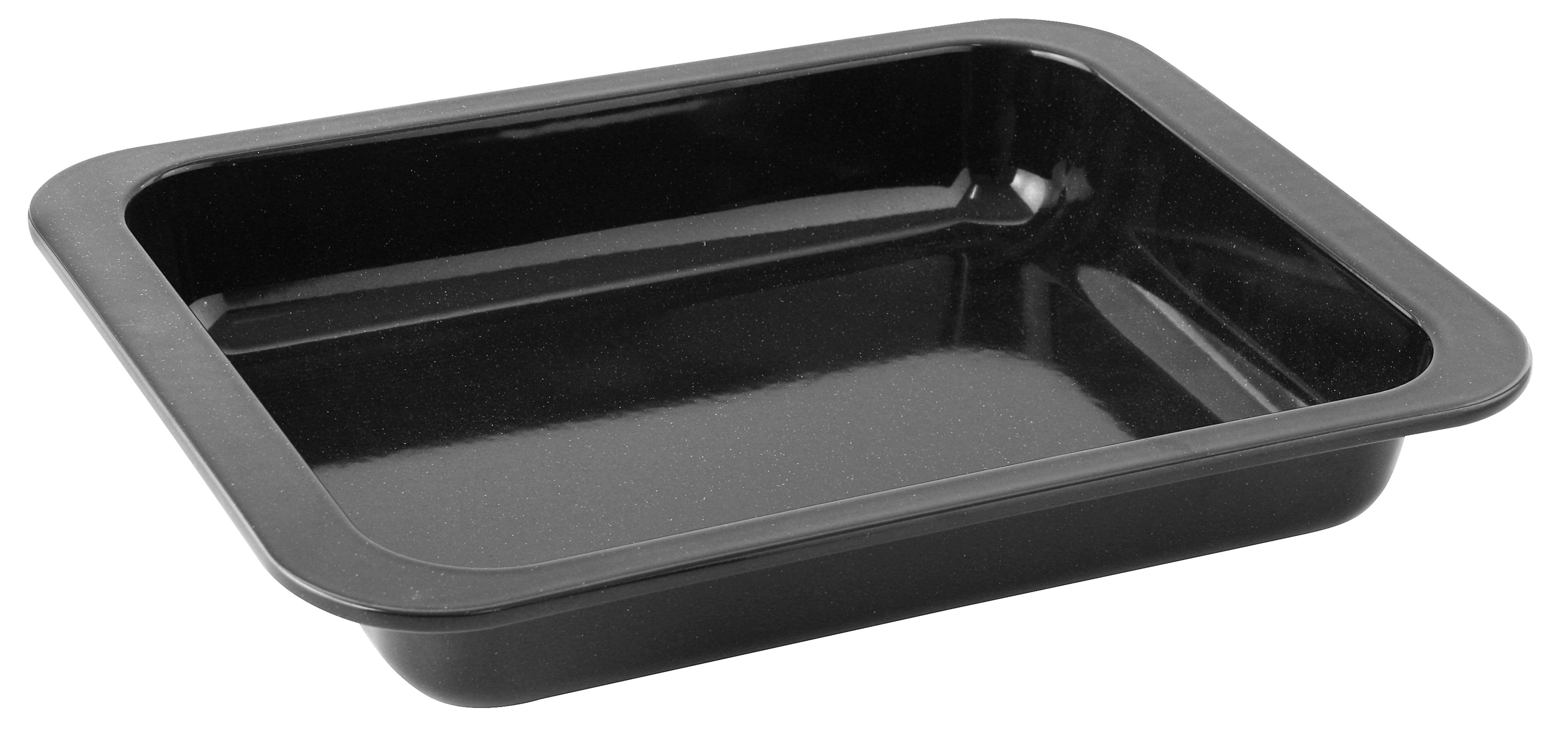 Schwarze, rechteckige Backform mit gebogenen Kanten. Sie ist leer und steht auf einer weißen Oberfläche.