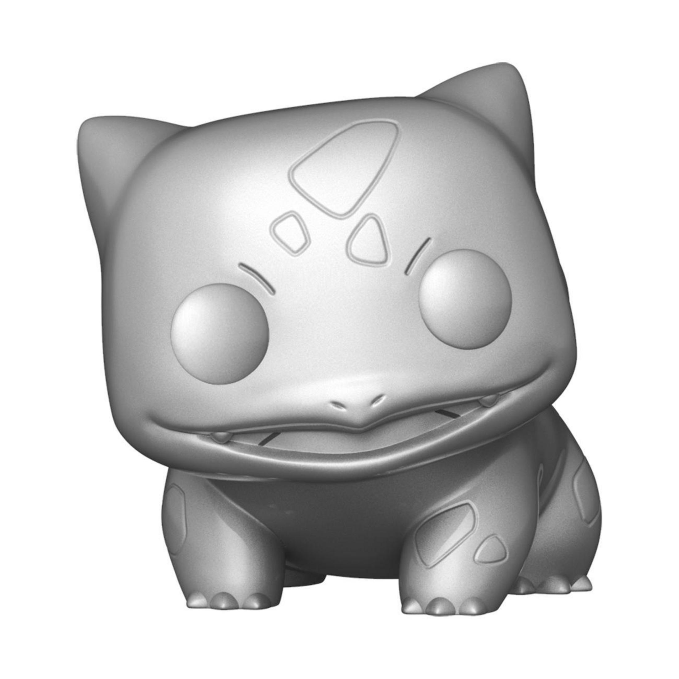 Eine graue Bulbasaur-Figur mit großen Augen, einem lächelnden Mund und einer Knolle auf dem Rücken.