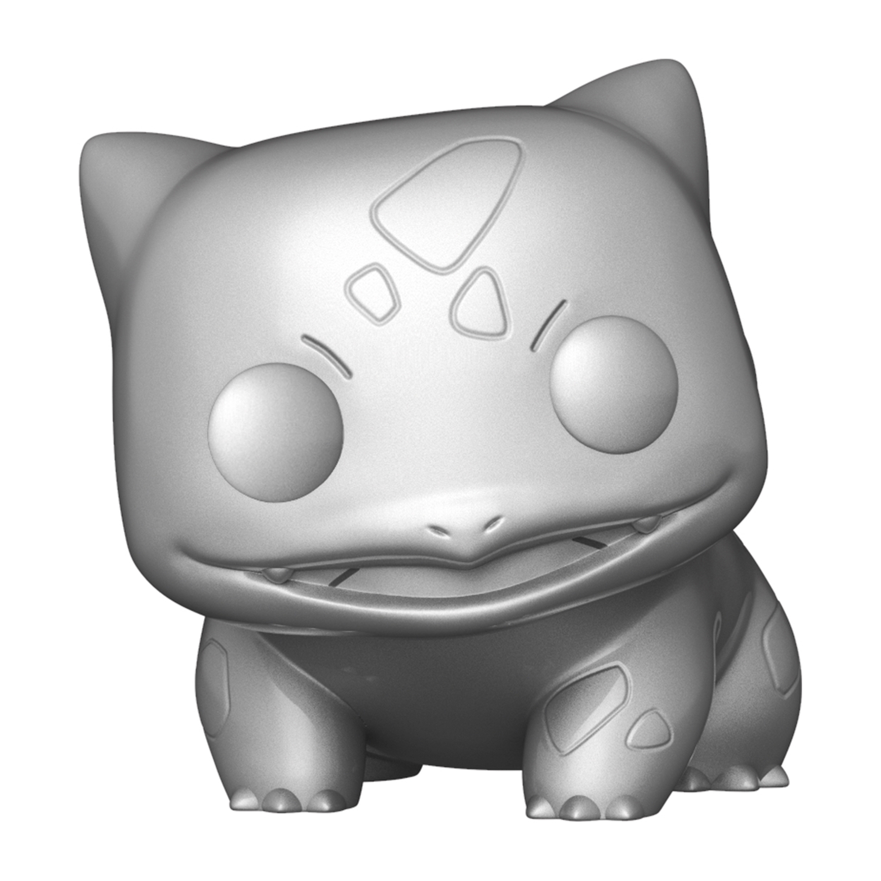 Eine graue Bulbasaur-Figur. Die Figur hat einen großen Kopf und einen kleinen Körper mit einem lächelnden Gesicht.