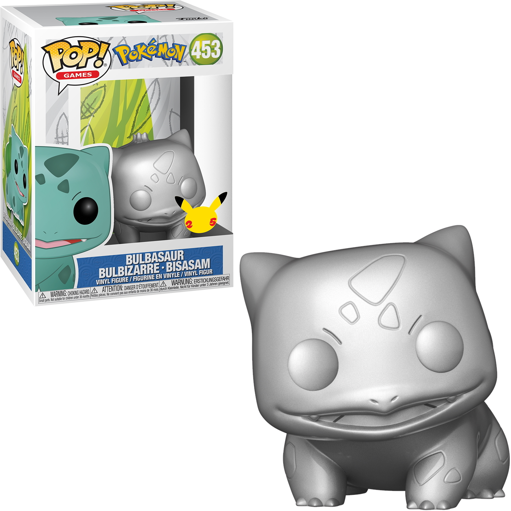 Bulbasaur-Figur in einer Box und ein graues Bulbasaur-Spielzeug rechts.