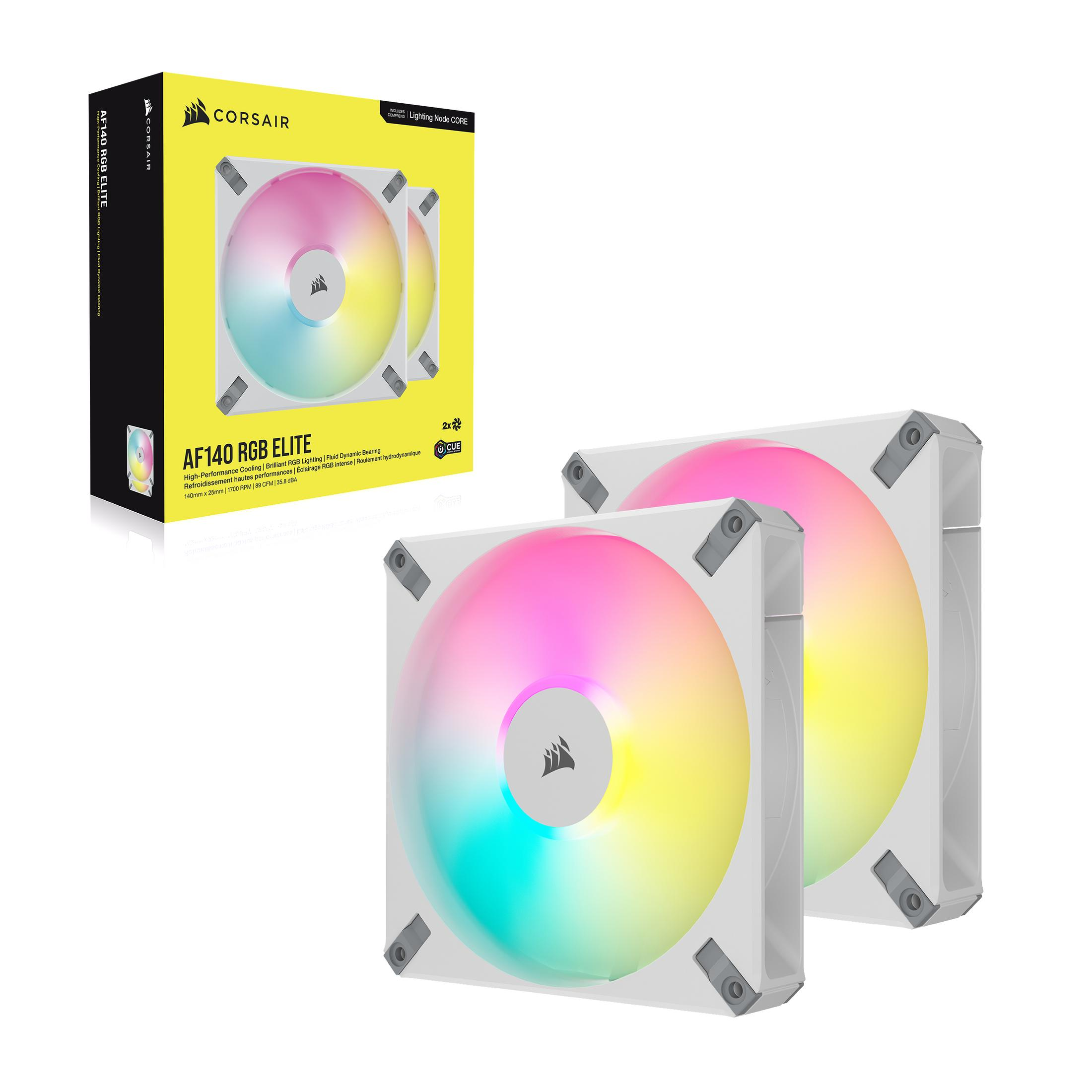 Zwei Computerlüfter mit RGB-Beleuchtung. Die Box zeigt ähnliche Lüfter mit Logo.