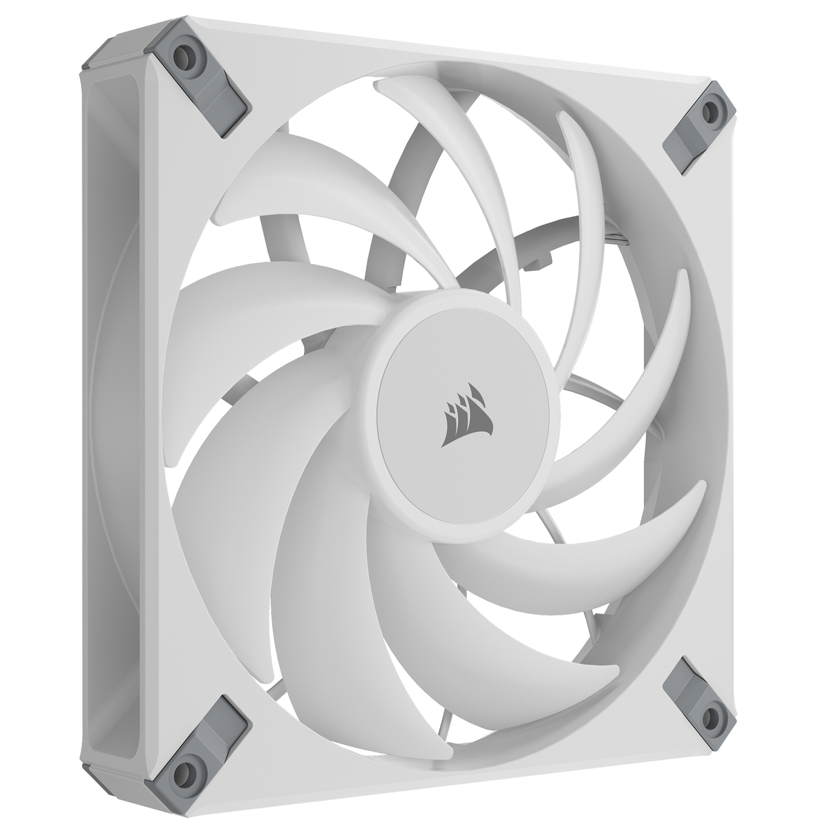 Weißer Computerlüfter mit gebogenen Blättern. Corsair-Logo in der Mitte.