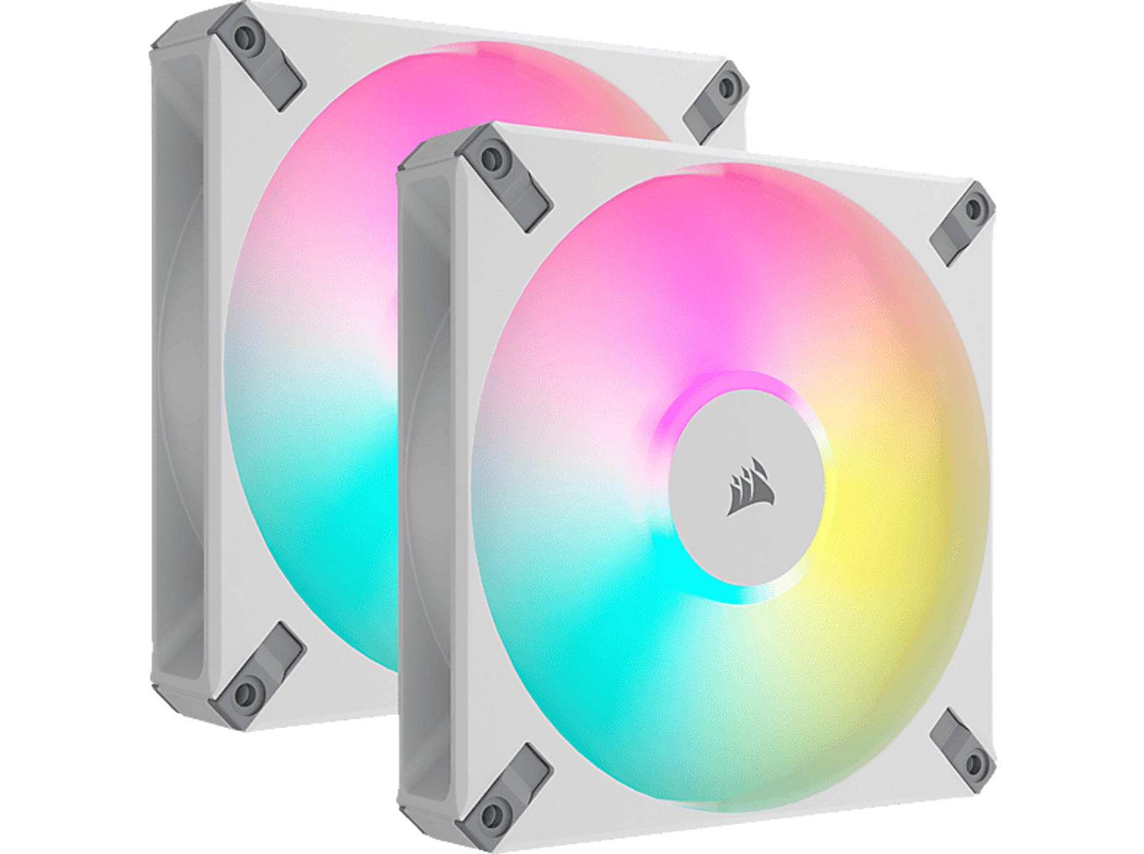 Zwei weiße Computerlüfter mit bunten, regenbogenartigen Lichtern. Sie sind quadratisch und haben ein Logo.