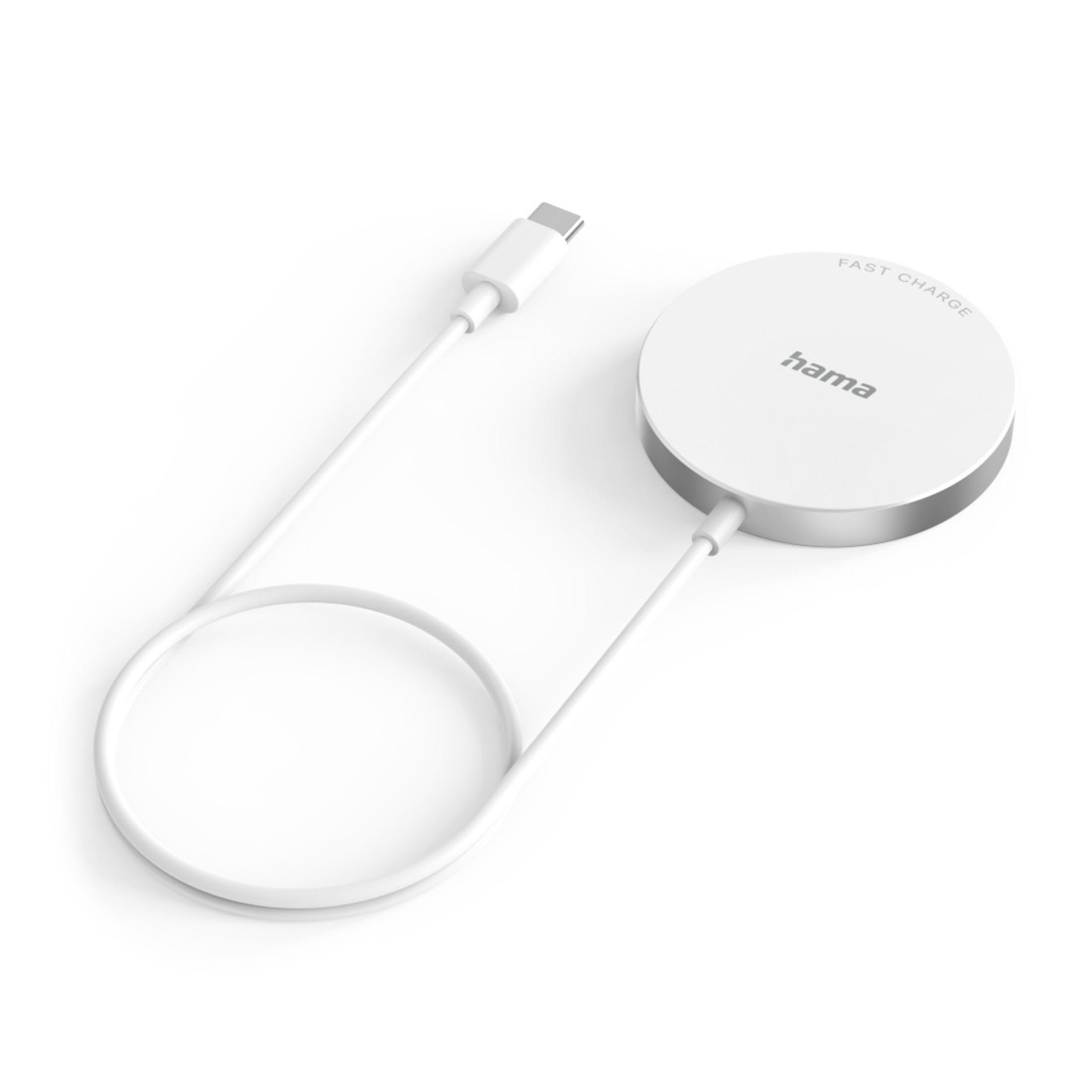 Ein weißes, kreisförmiges kabelloses Ladegerät mit silbernem Rand und weißem Kabel mit USB-C-Anschluss.