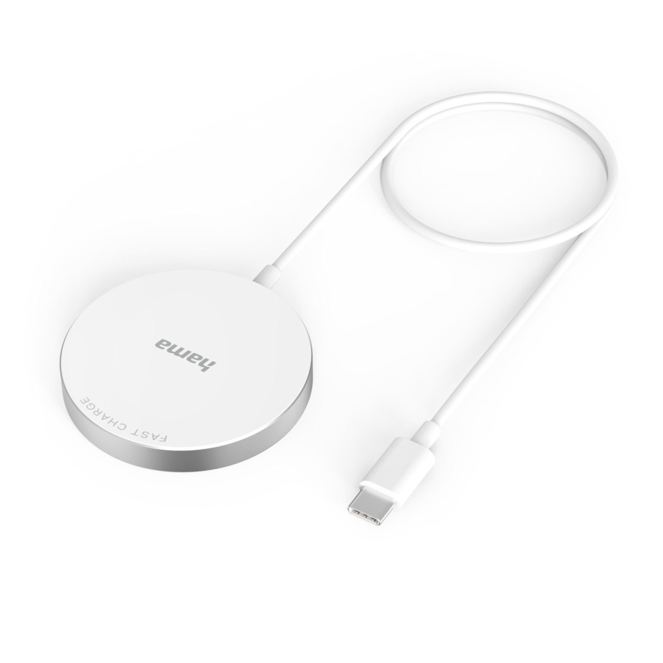 Ein weißes kabelloses Ladegerät mit silbernem Rand, weißem Kabel und USB-C-Anschluss, isoliert auf Weiß.