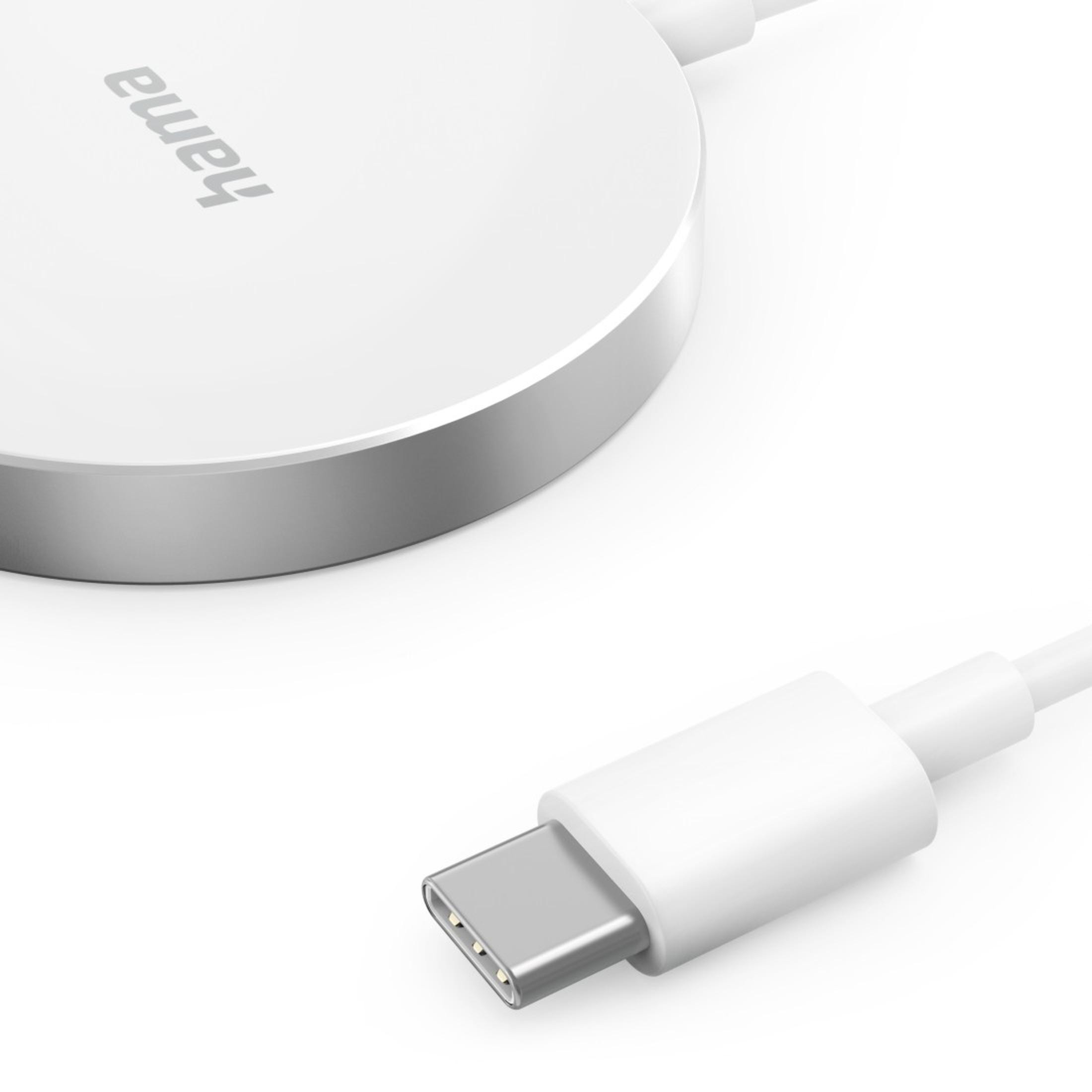 Nahaufnahme eines weißen kabellosen Ladegeräts mit weißem Kabel und USB-C-Anschluss.