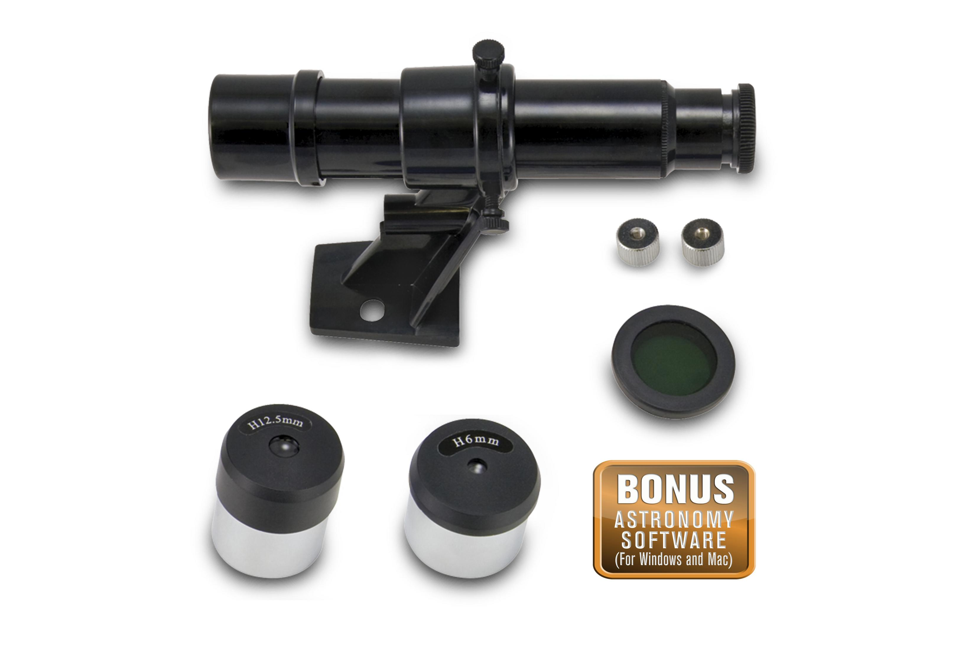 Schwarzes Teleskop mit Okularen und Bonus-Astronomie-Software.